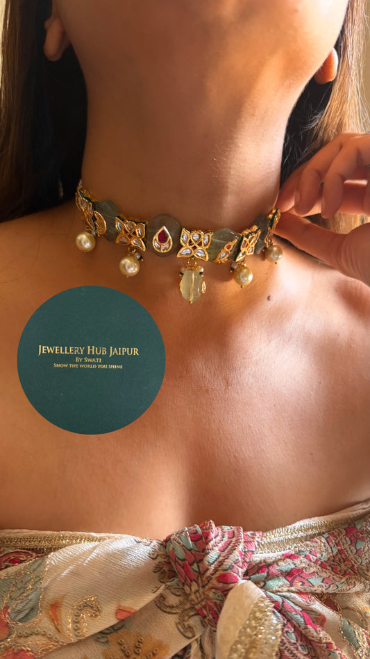 Mint inlay work & emerald meenakari paachi choker set