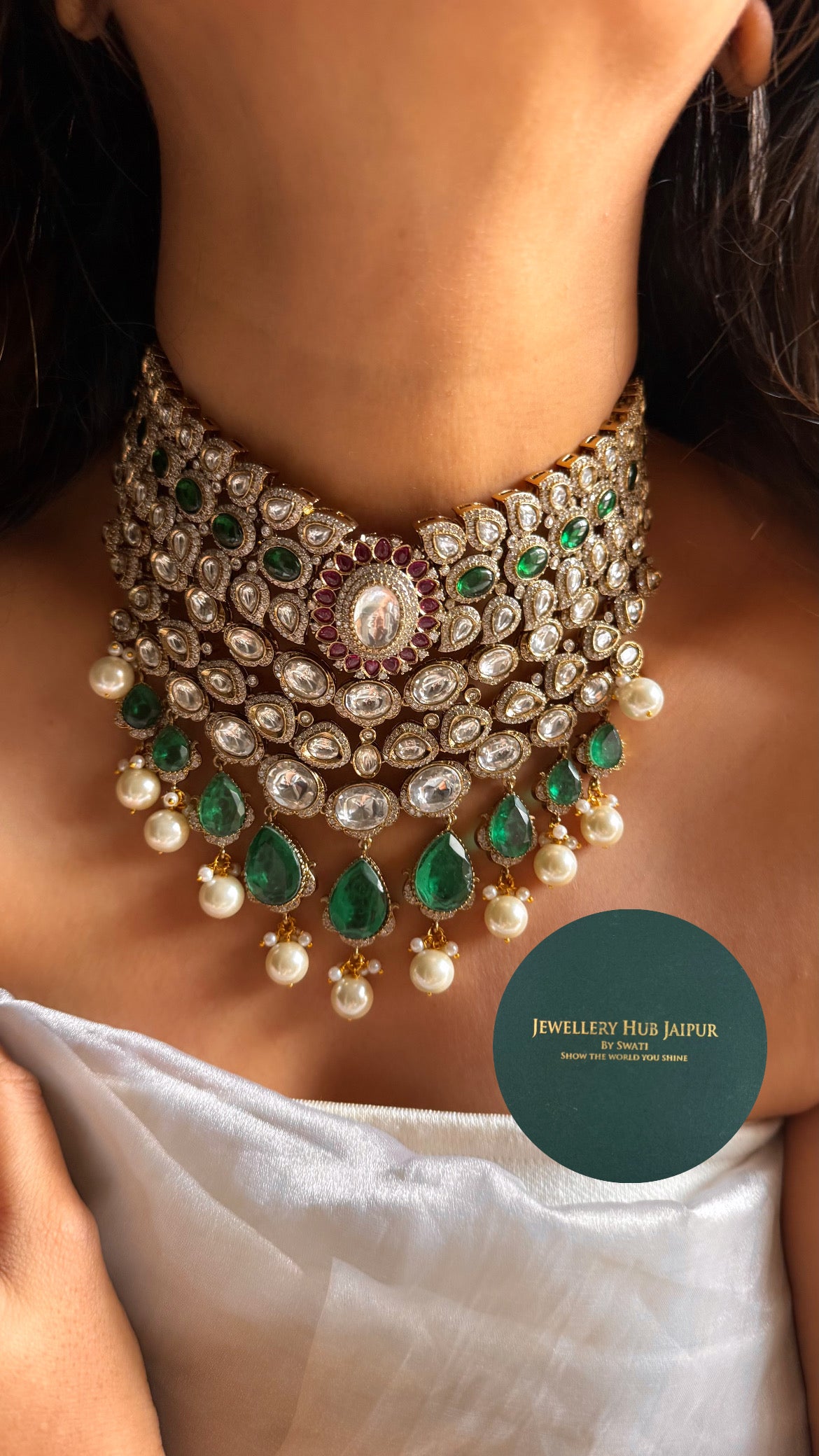 Emerald doublet & rani pink moissanite polki Victorian bridal choker set