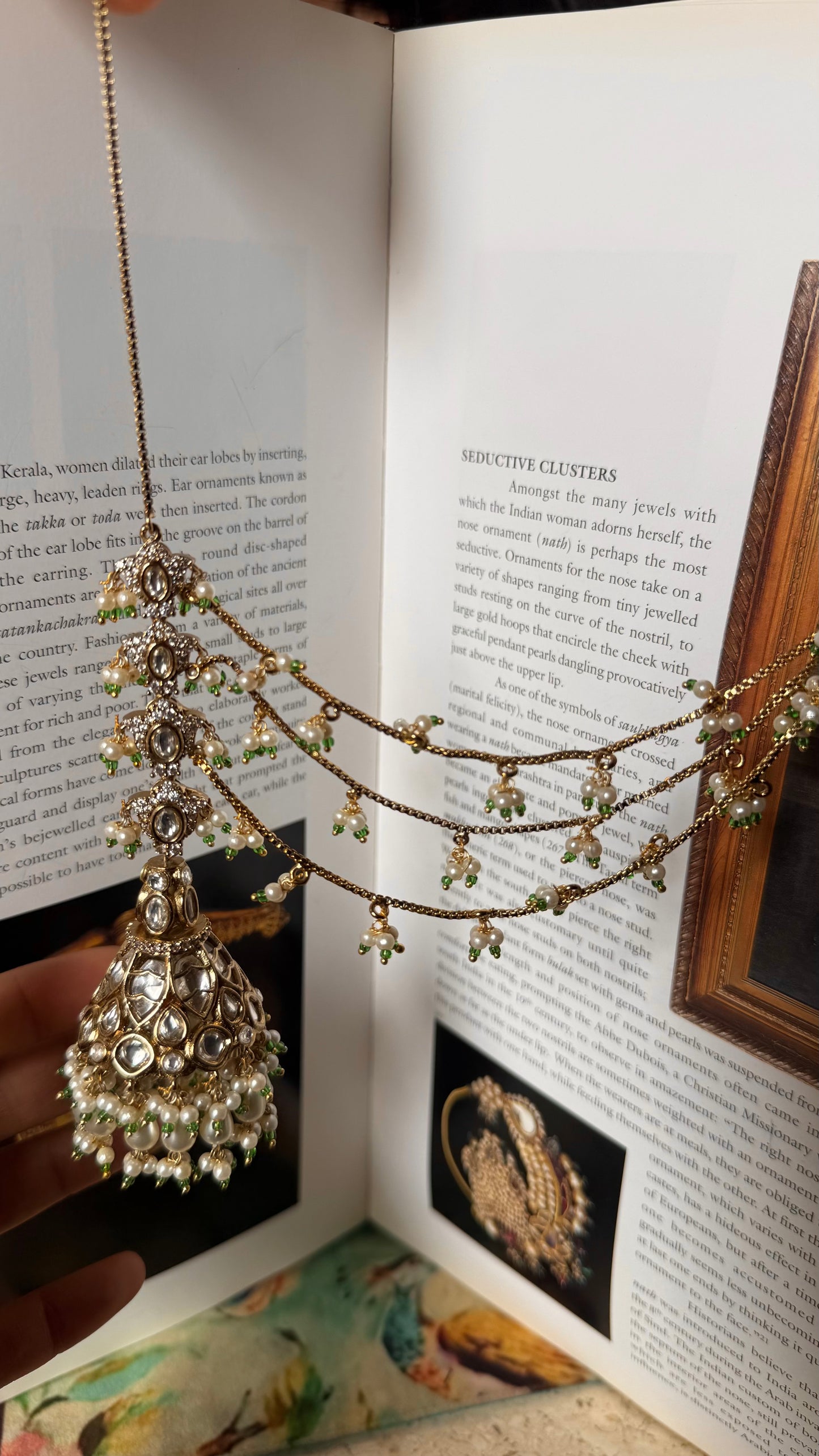 Polki Jhumki pearl detailing with attach kaan chain earrings