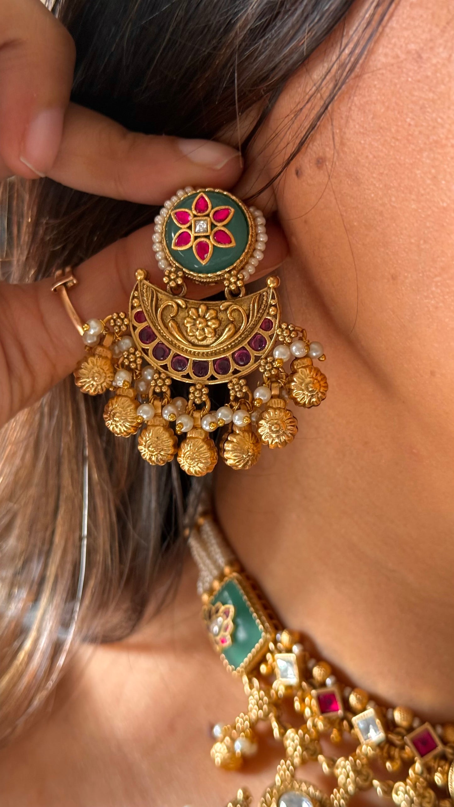 Mint rani pink floral inlay heritage necklace