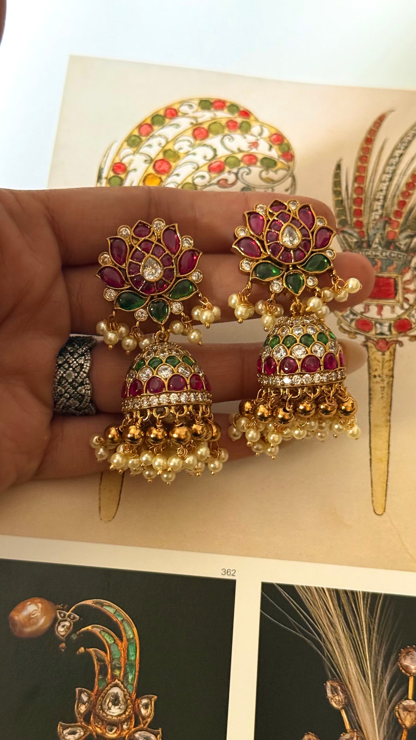 Rani pink lotus & emerald leaf design Jhumri