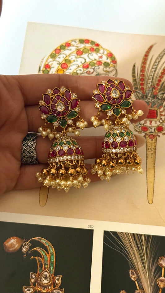 Rani pink lotus & emerald leaf design Jhumri