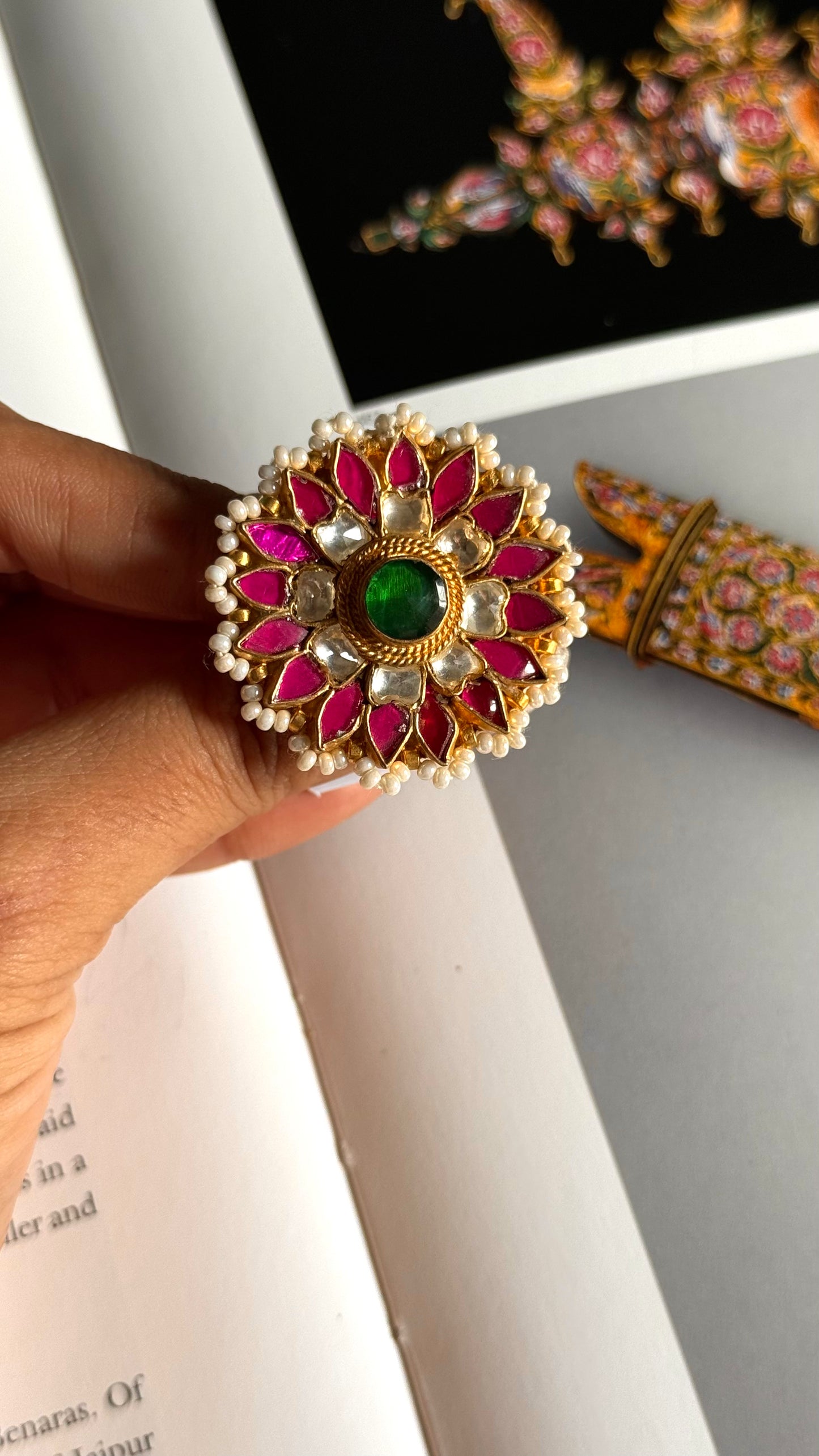 Emerald doublet & rani pink heritage sunflower adjustable ring