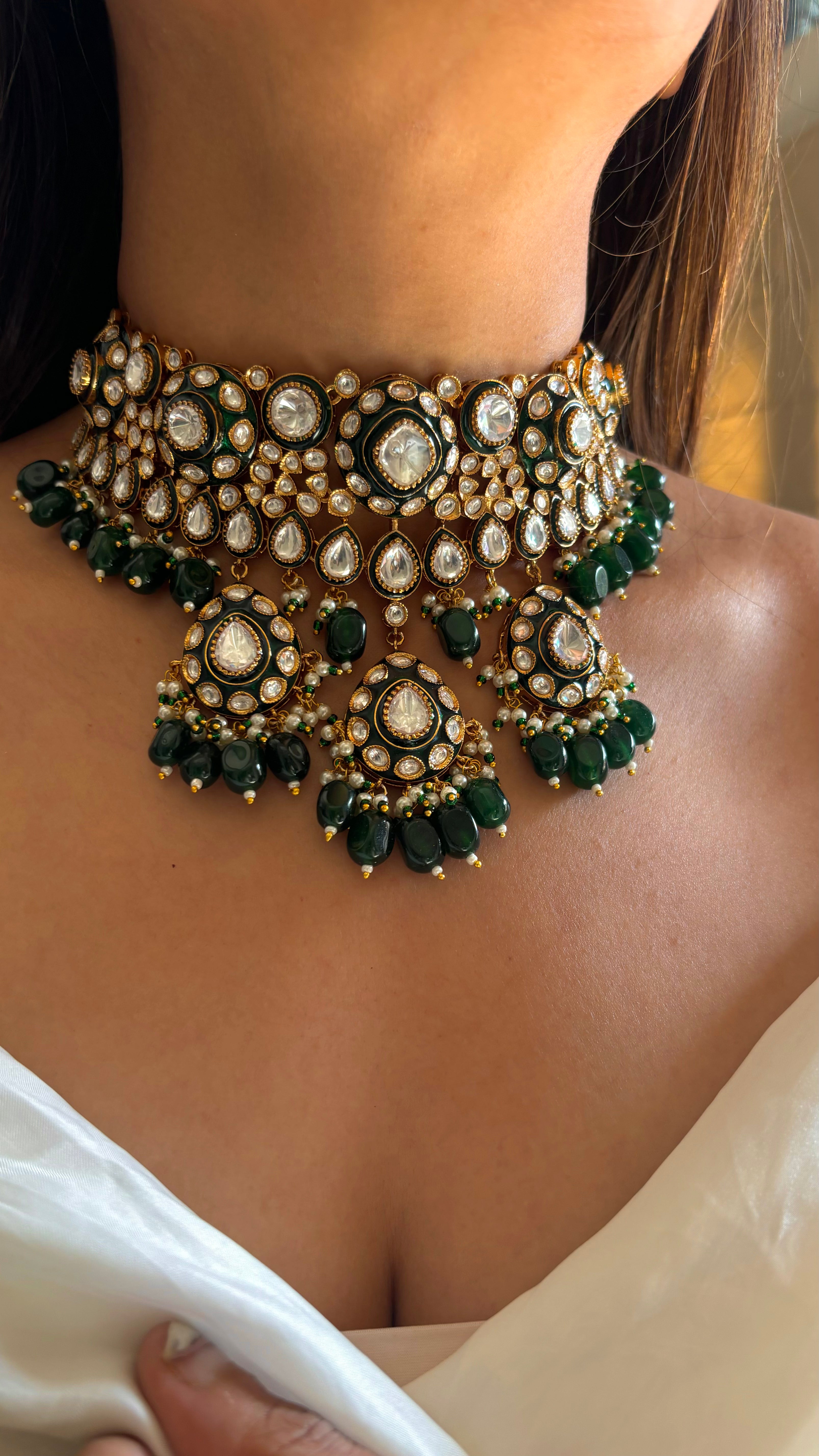 Emerald meenakari polki choker