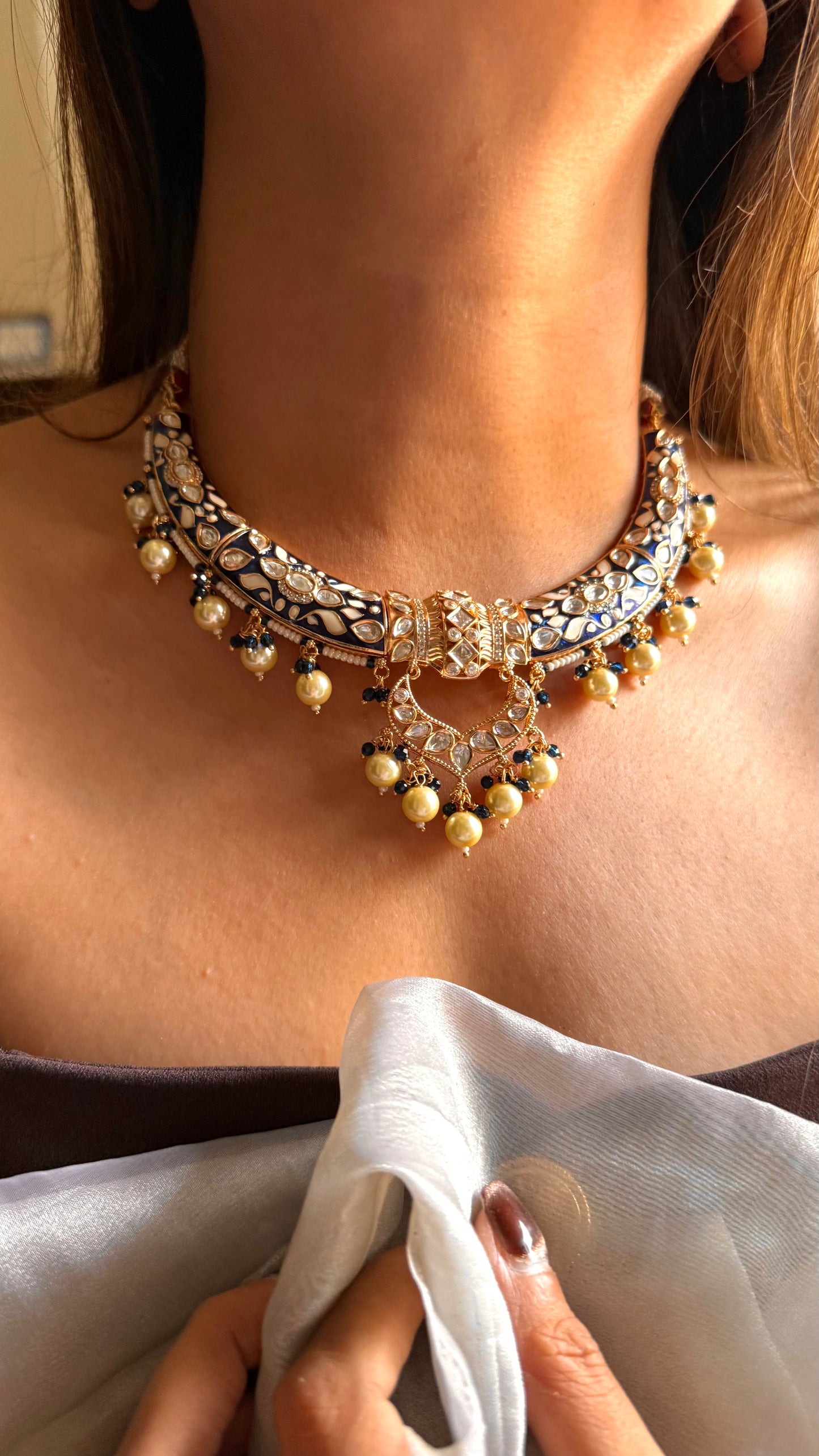 Sapphire meenakari moissanite with pearl drop