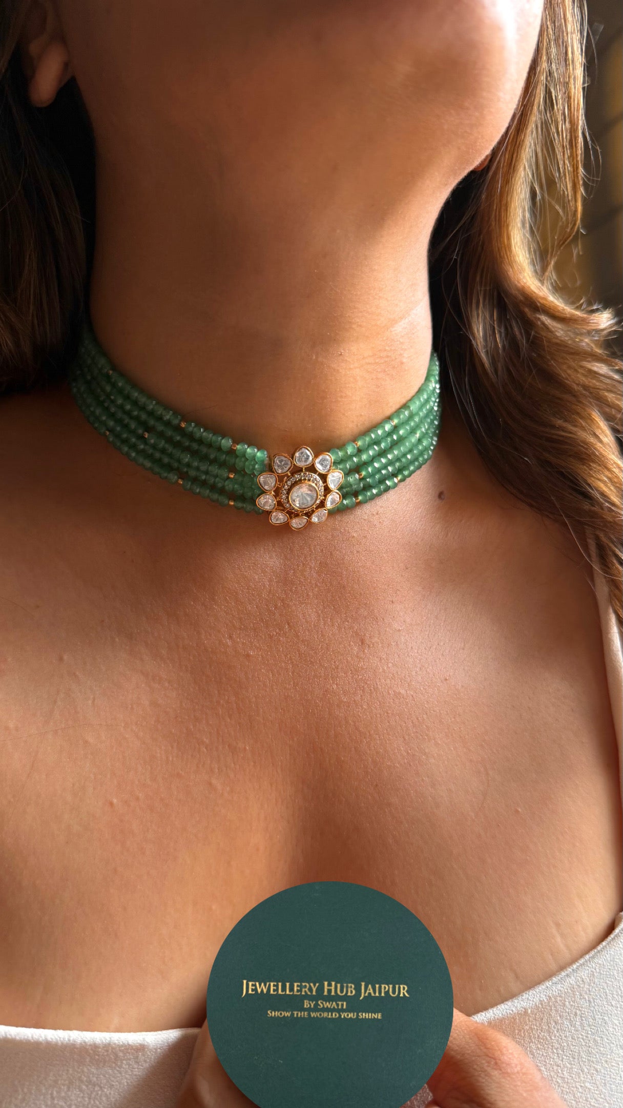 Real Moissanite floral polki mint pearl detailing choker necklace