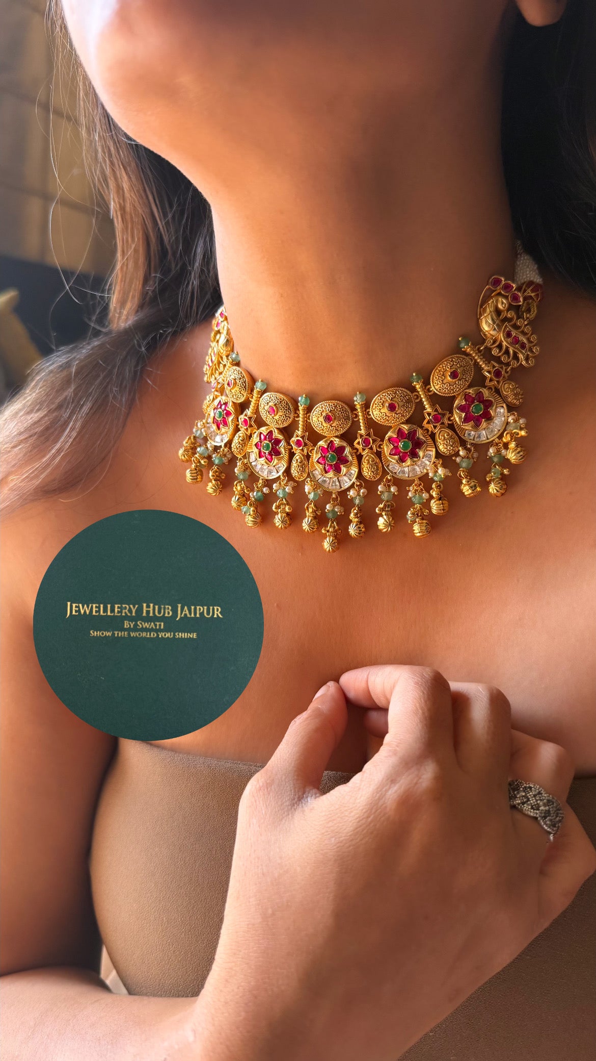 Heritage Rani pink & emerald floral design royal rajwada collar set