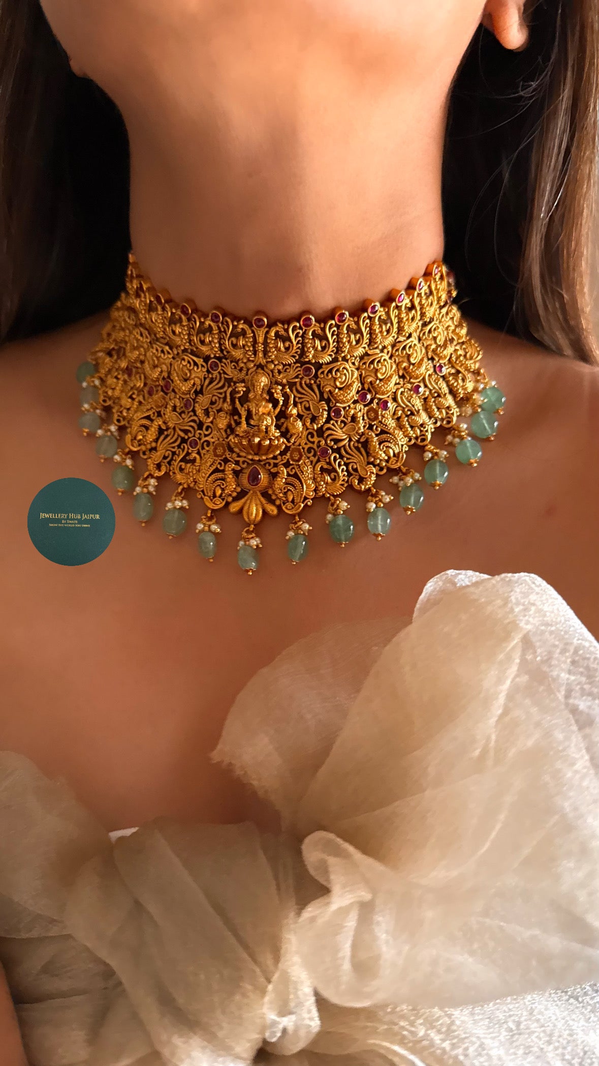 Goddess laxmi with ruby & mint drops choker set