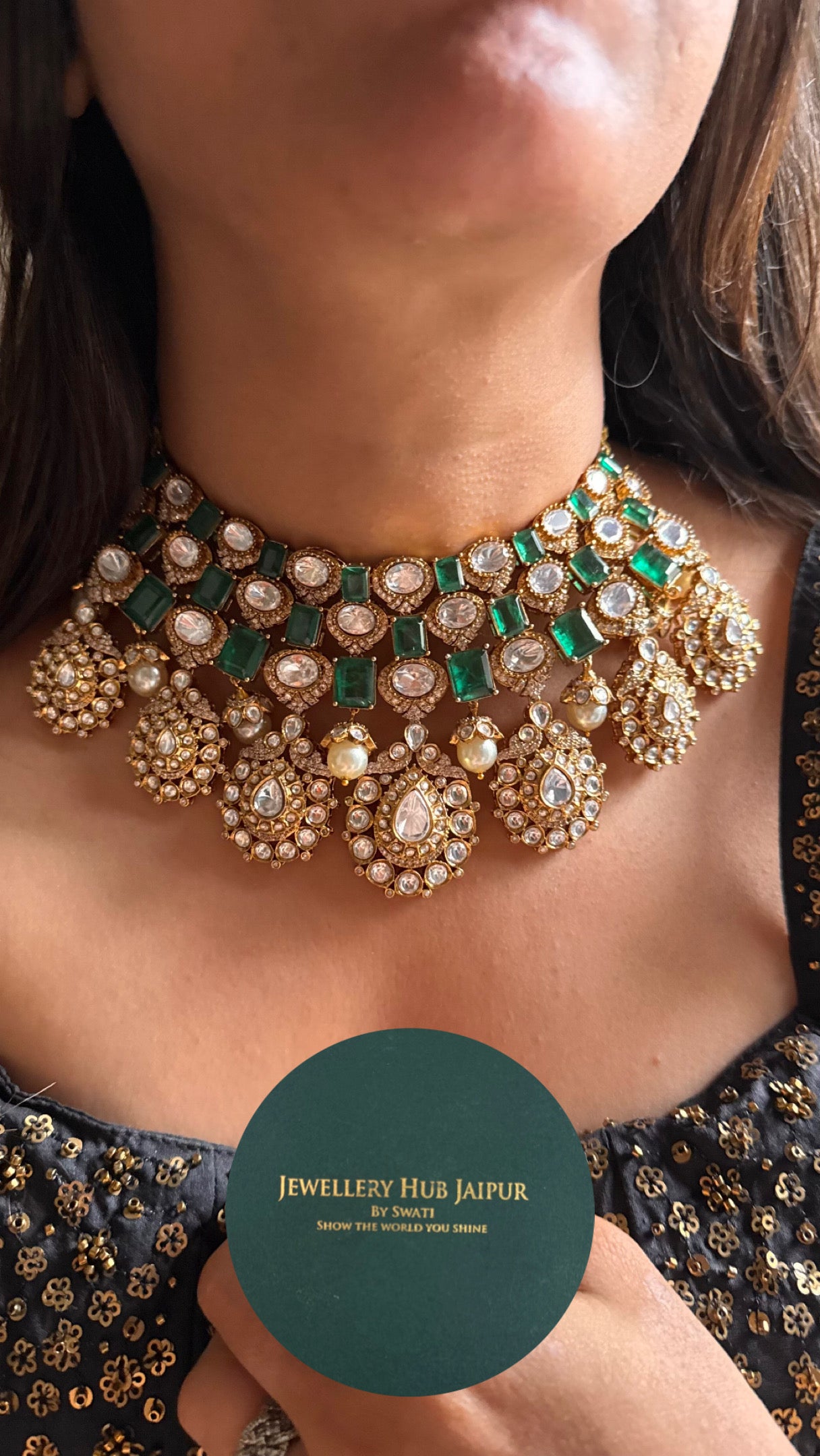 Emerald doublet with real moissanite choker Necklace