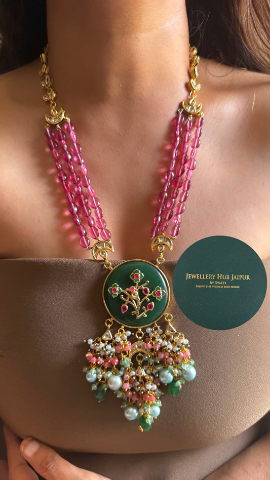Emerald inlay work with rani pink & mint drops paachi mid length set