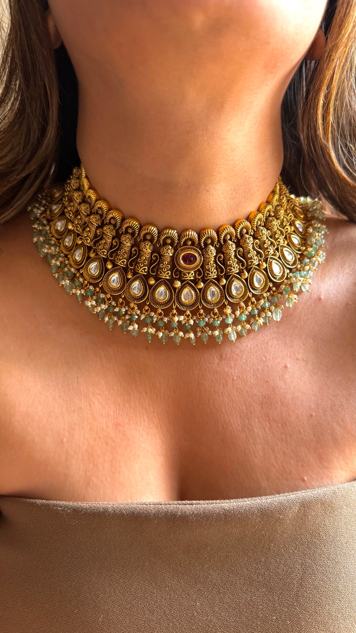 Real nakshi oxidised choker with ruby & mint detailing