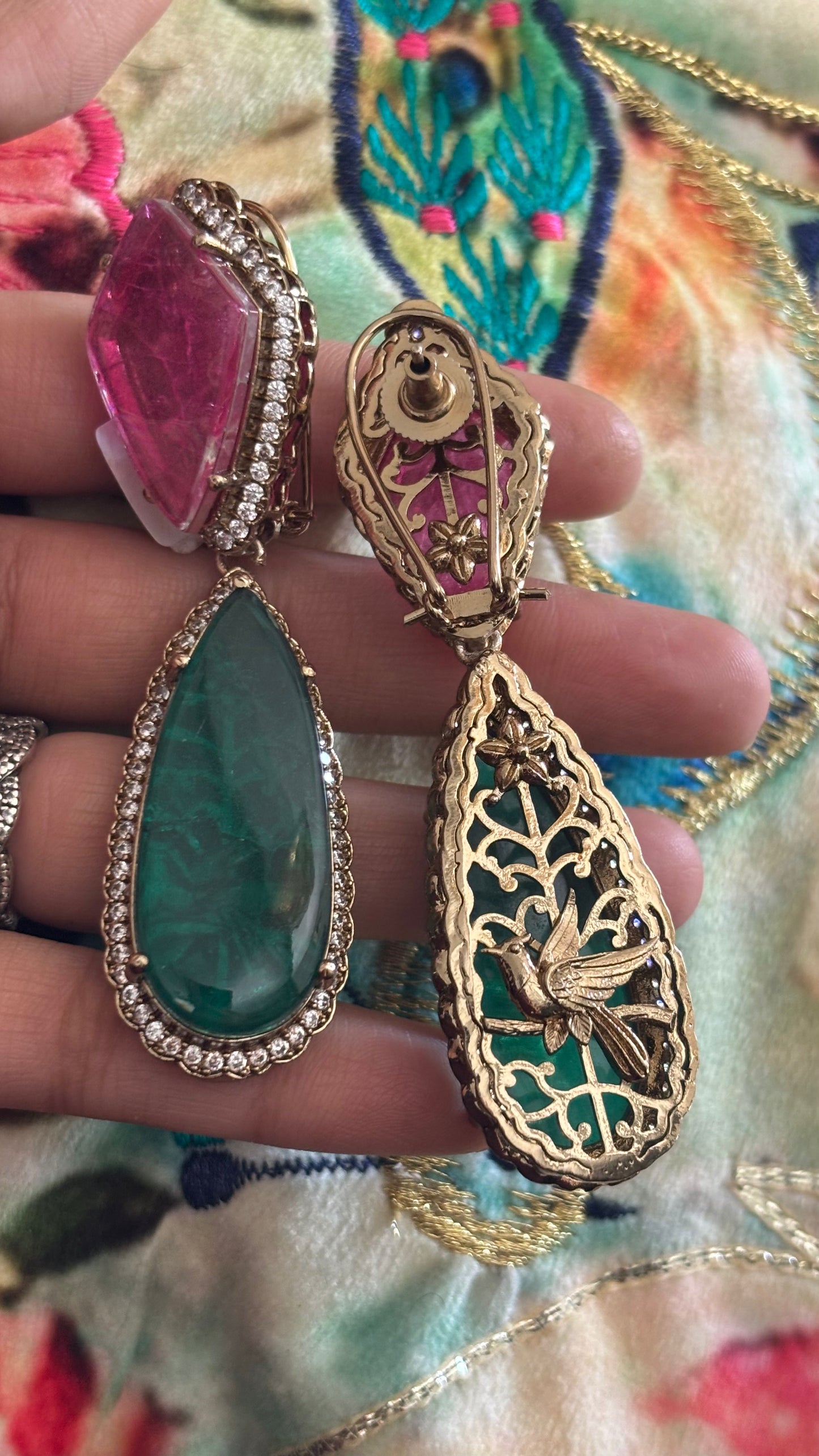 Rose pink & emerald cocktail danglers