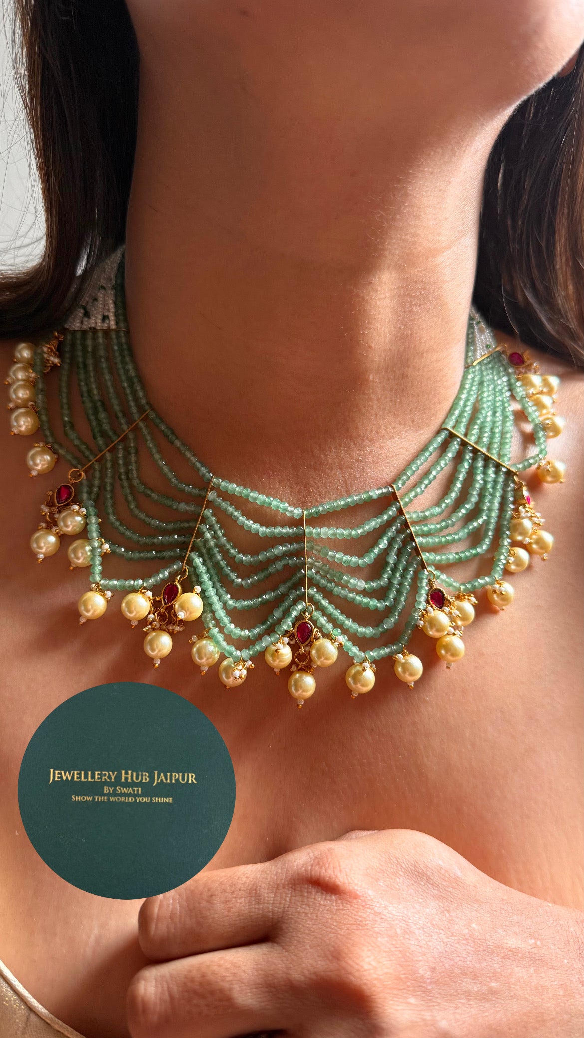 Mint 7 layer rajwada with pearl drop collar set