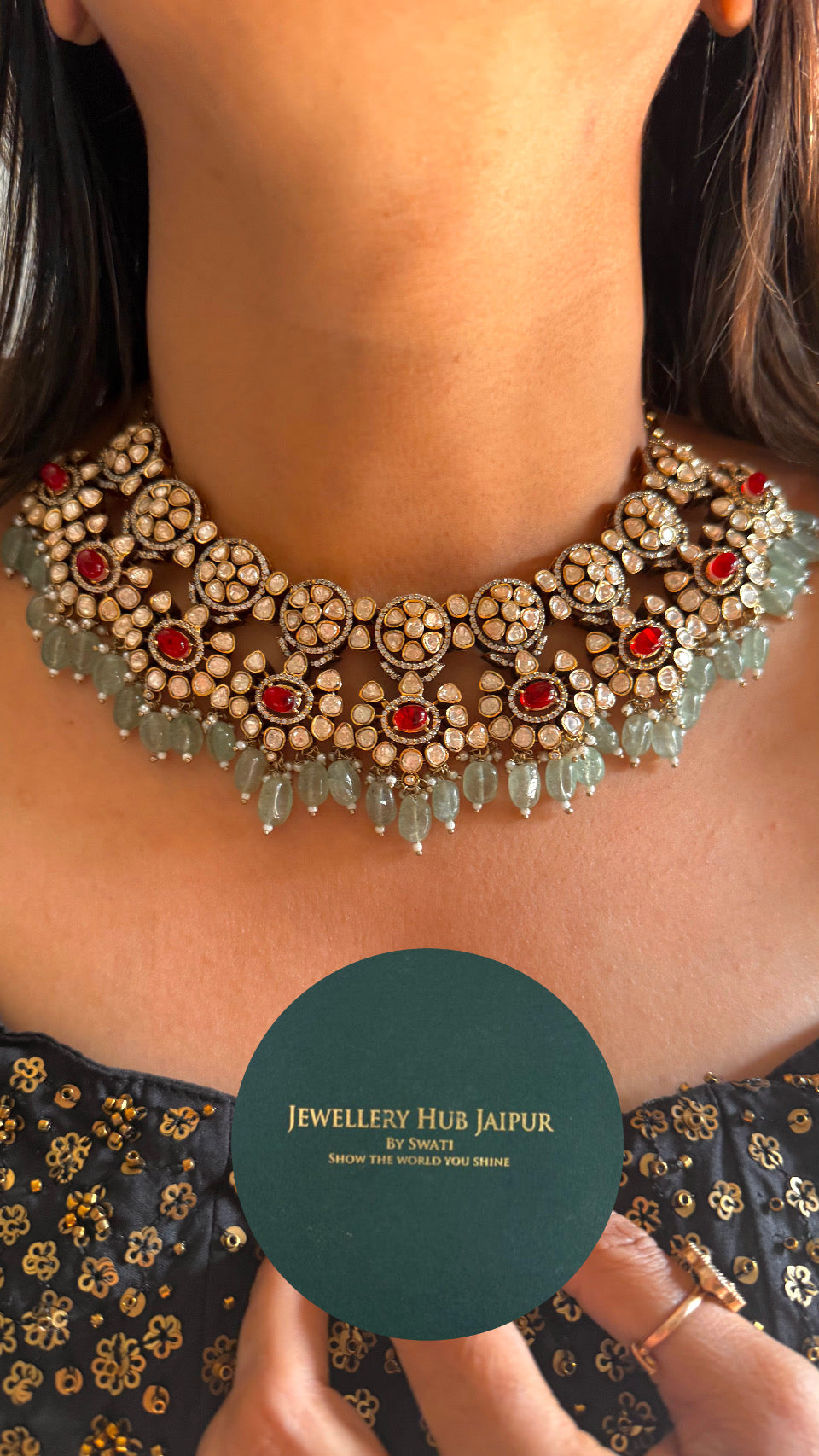 Ruby & mint drop peeli polka floral moissanite necklace