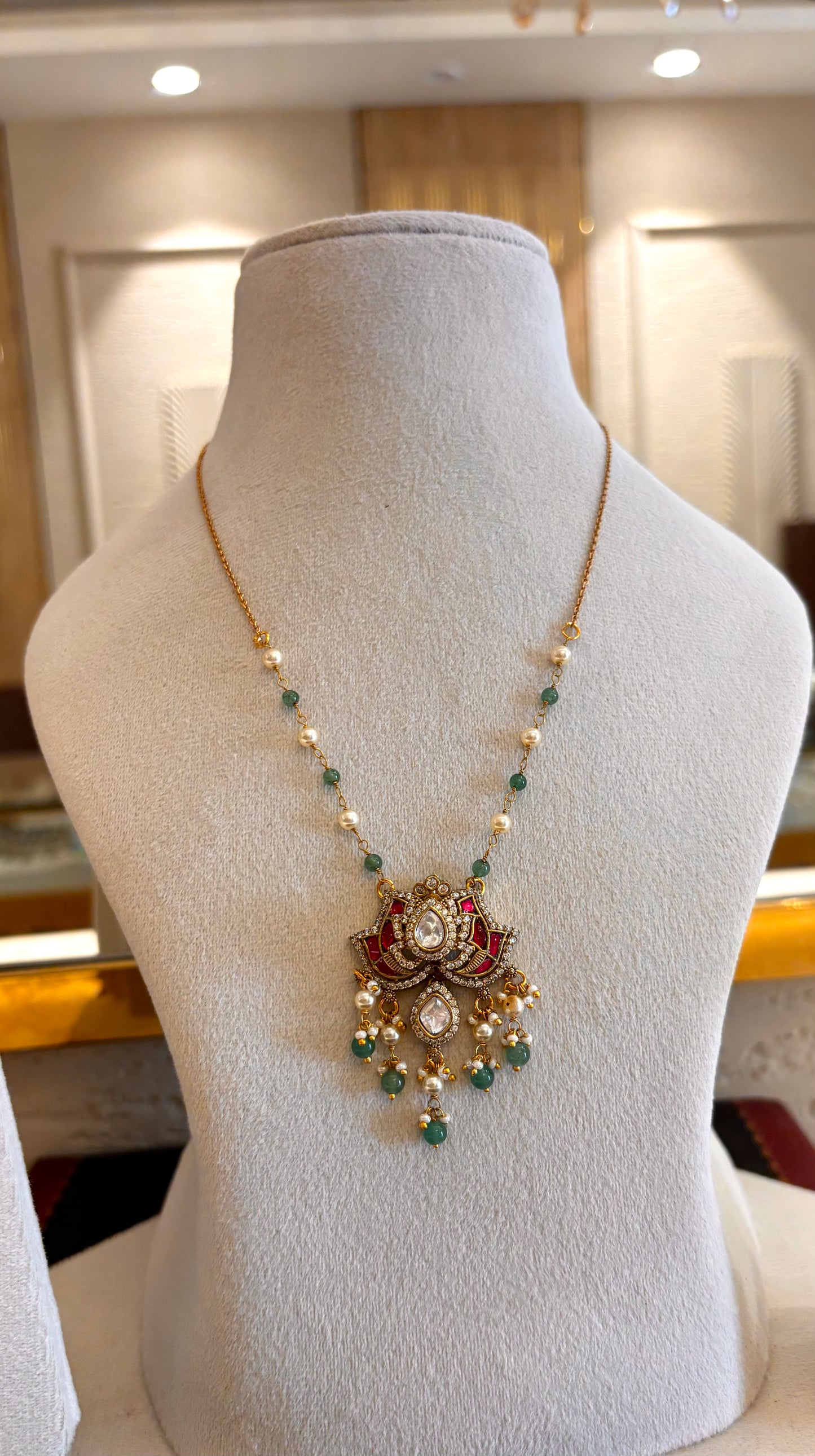 Lotus inspired rani pink & mint pearl pendant necklace