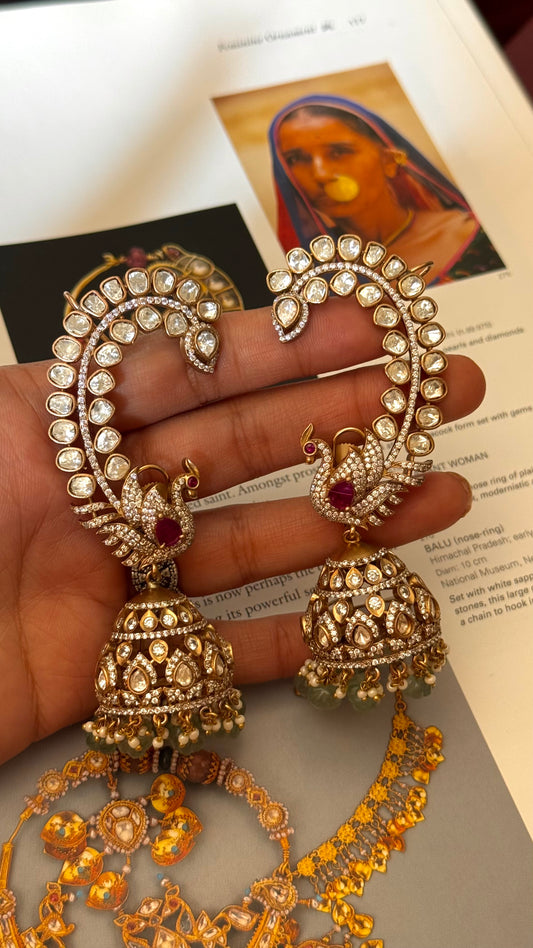Peacock inspired moissanite  earcuff with Jhumki detailing