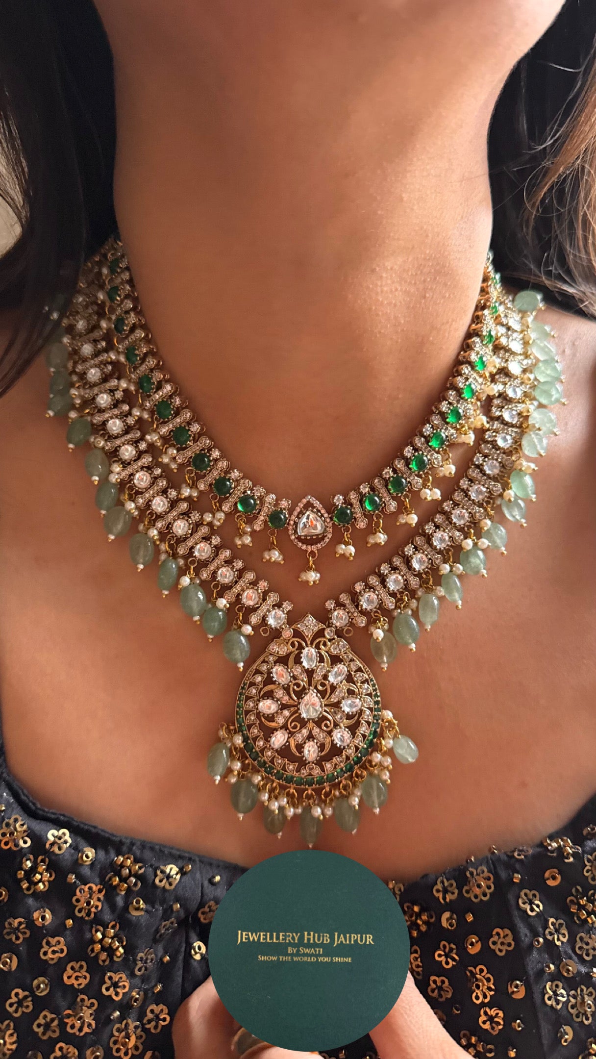 Emerald with mint drops dual line Necklace