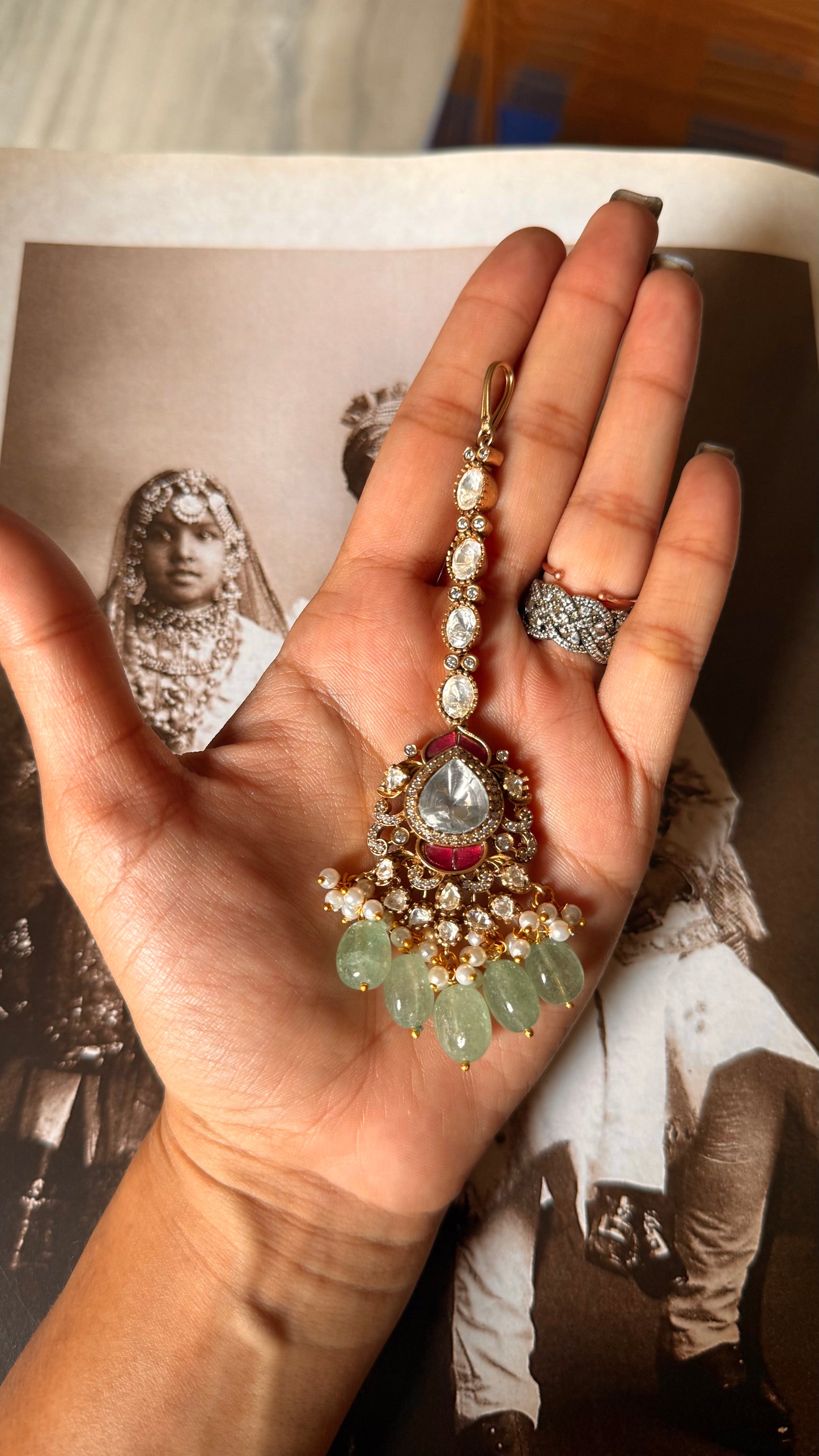 Mint & Ruby Moissanite maangtika with pearl detailing