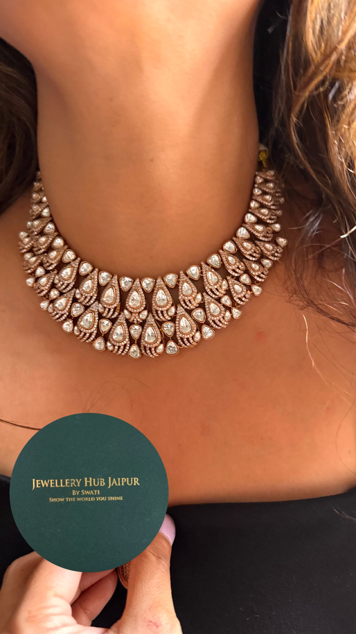 Drop shape polki necklace with earcuff