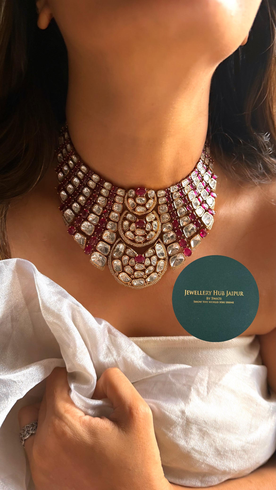 Rani pink doublet & moissanite uncut polki Victorian choker set