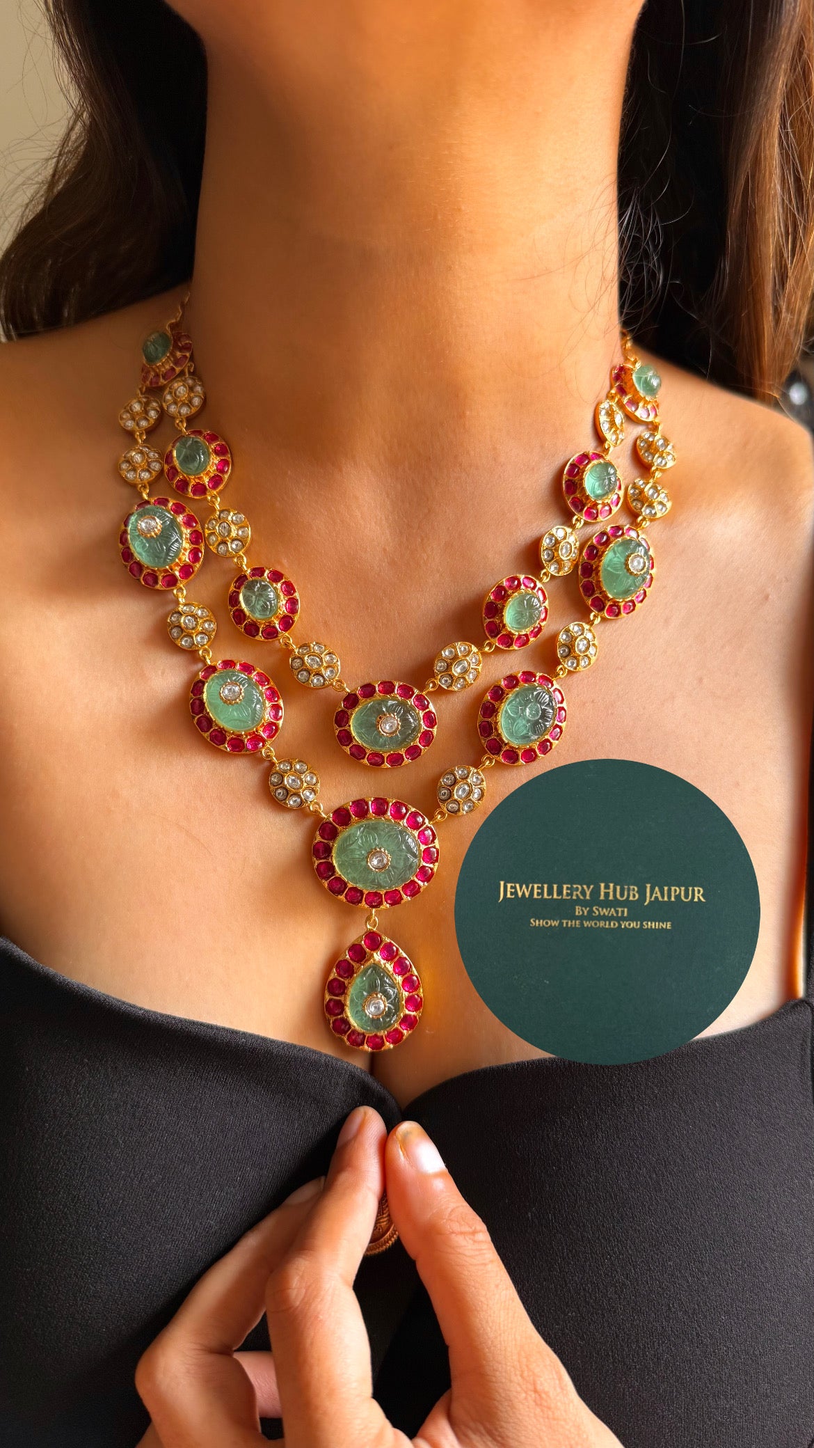 Amrapali inspired Natural stone Mint & rani pink dual layer collar set