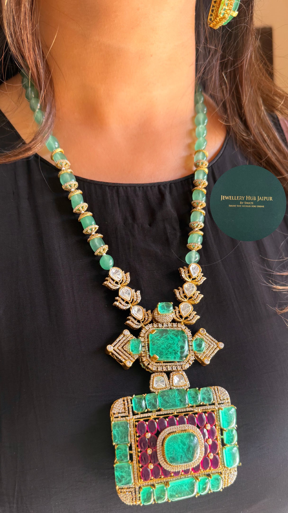 Ruby & mint Moissanite doublet designer necklace