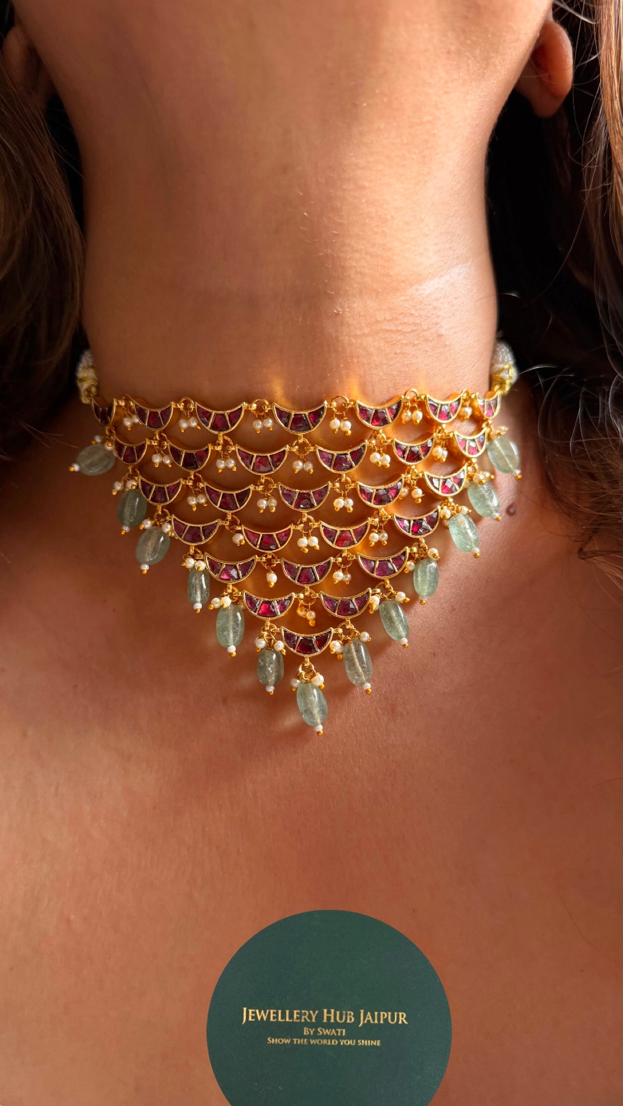 Design ruby half moon with strawberry drops choker Necklace