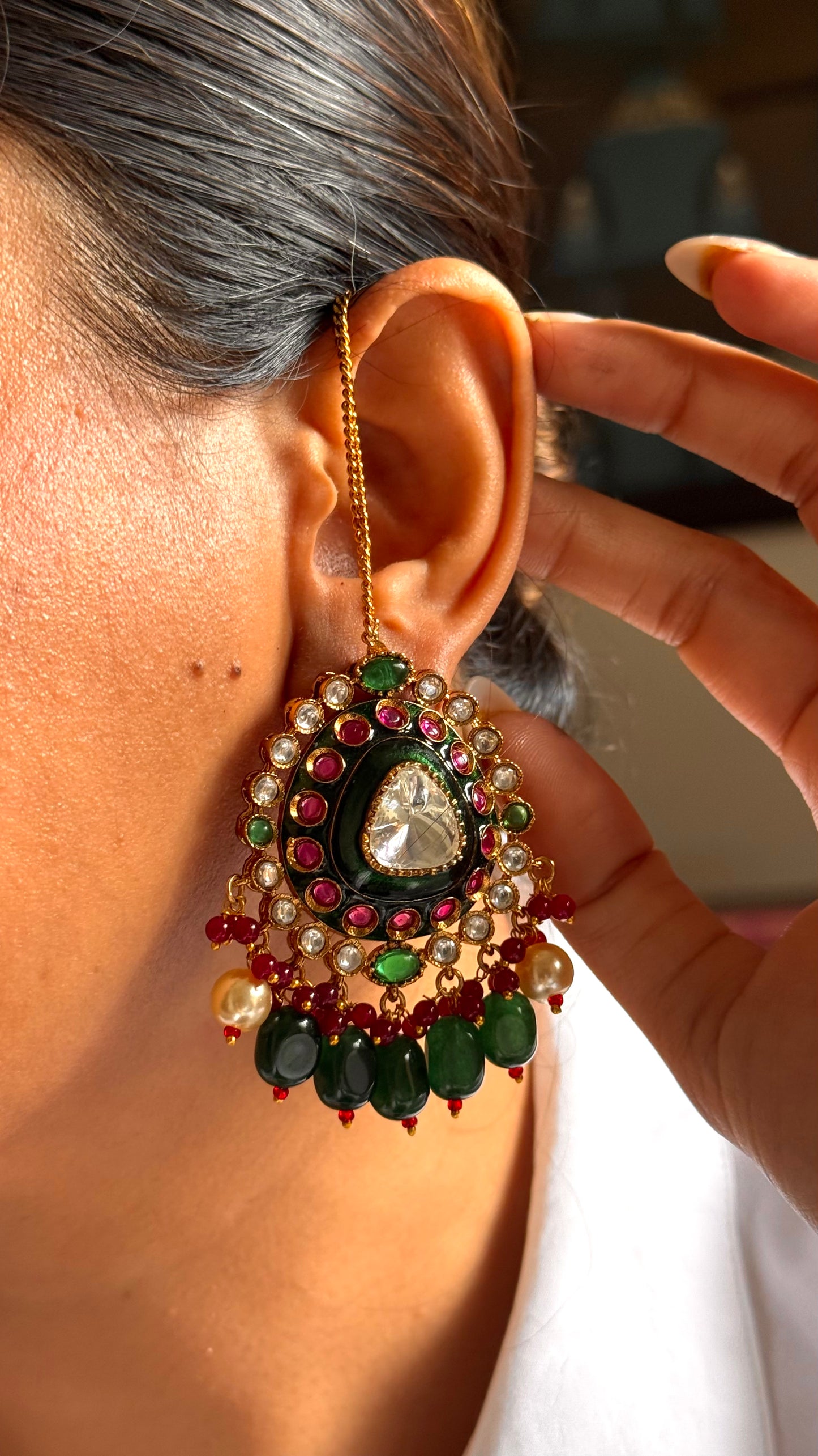Emerald meenakari & ruby moissanite polki earrings