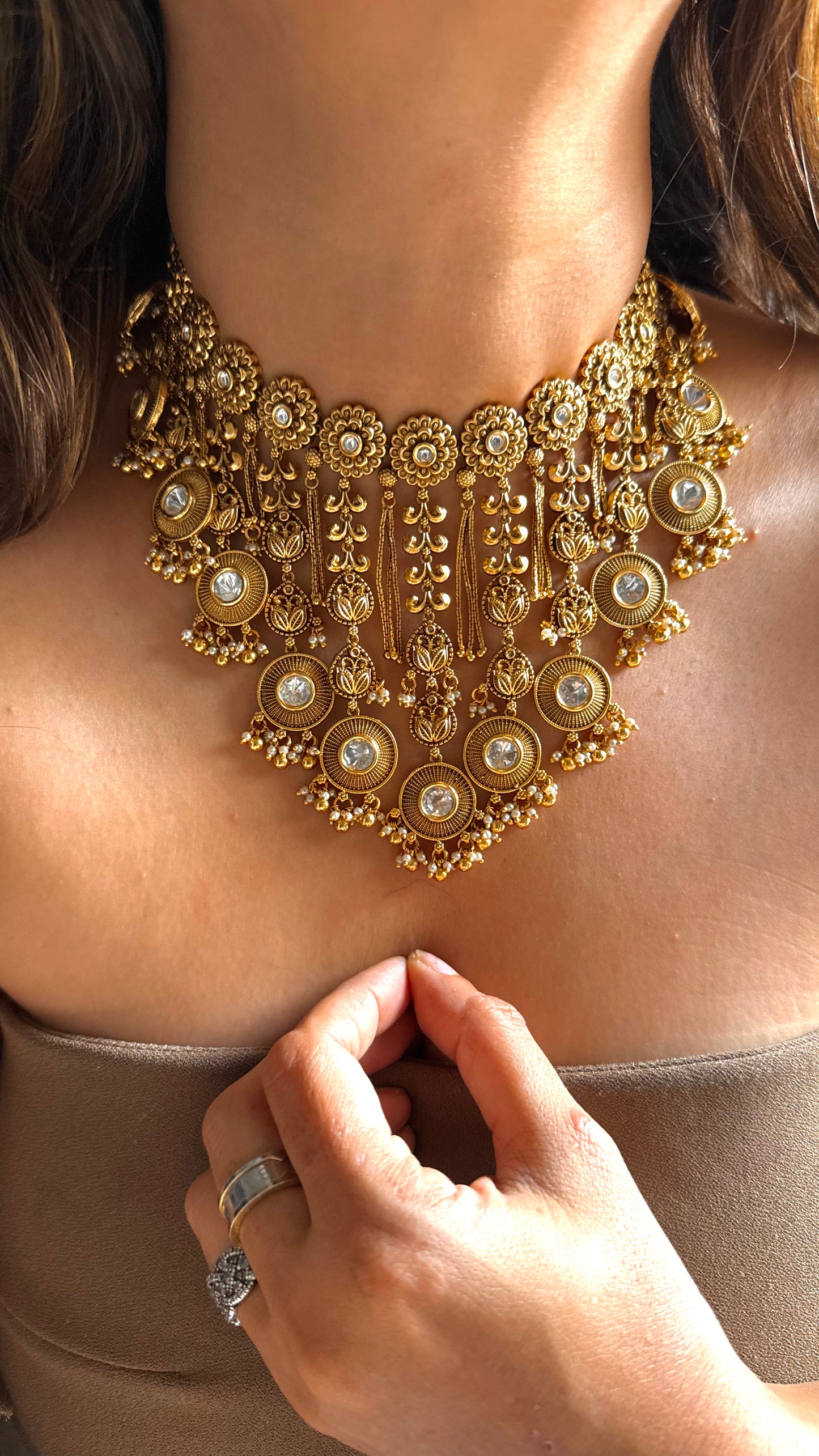 Oxidised royal heritage leaf design polki necklace