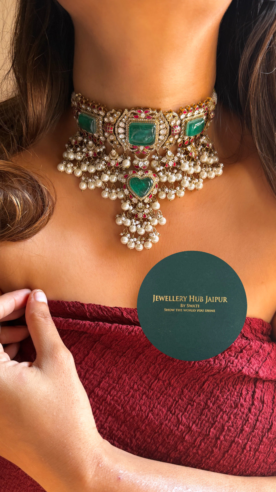 Emerald & Rani pink moissanite choker set with Pearl detailing