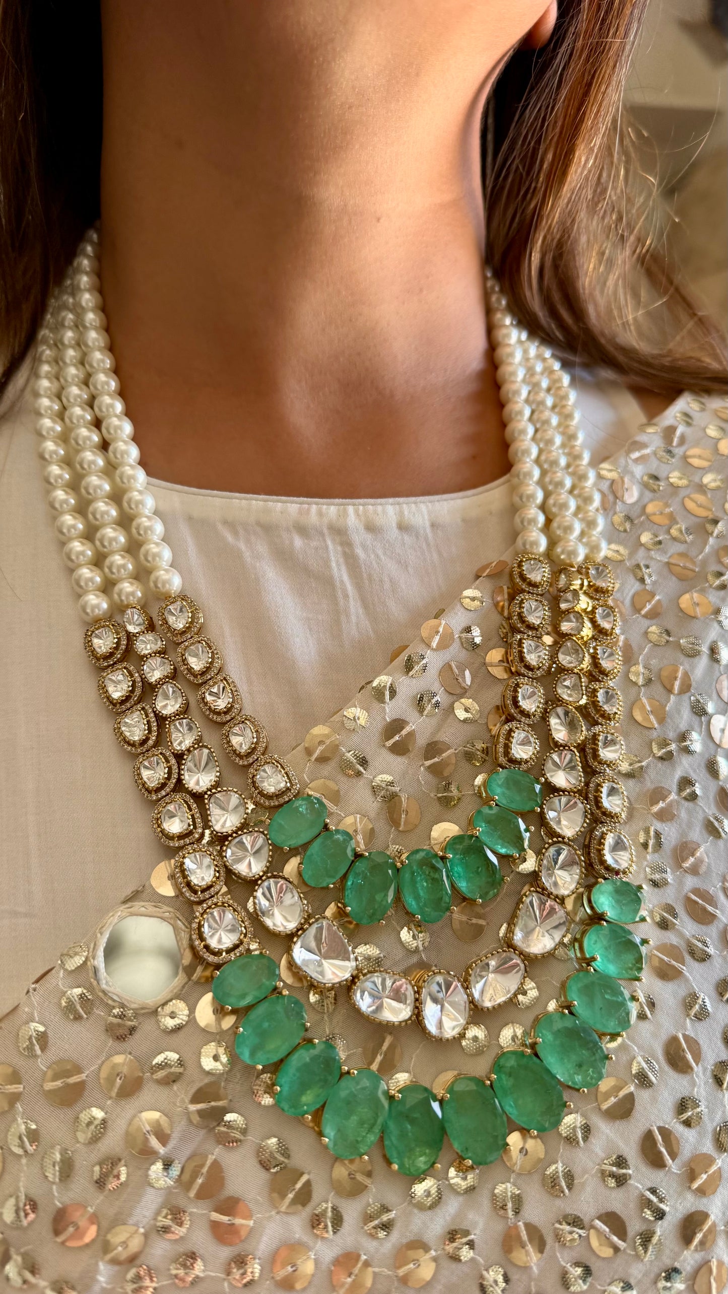 Mint three layered moissanite polki thread maharani haar