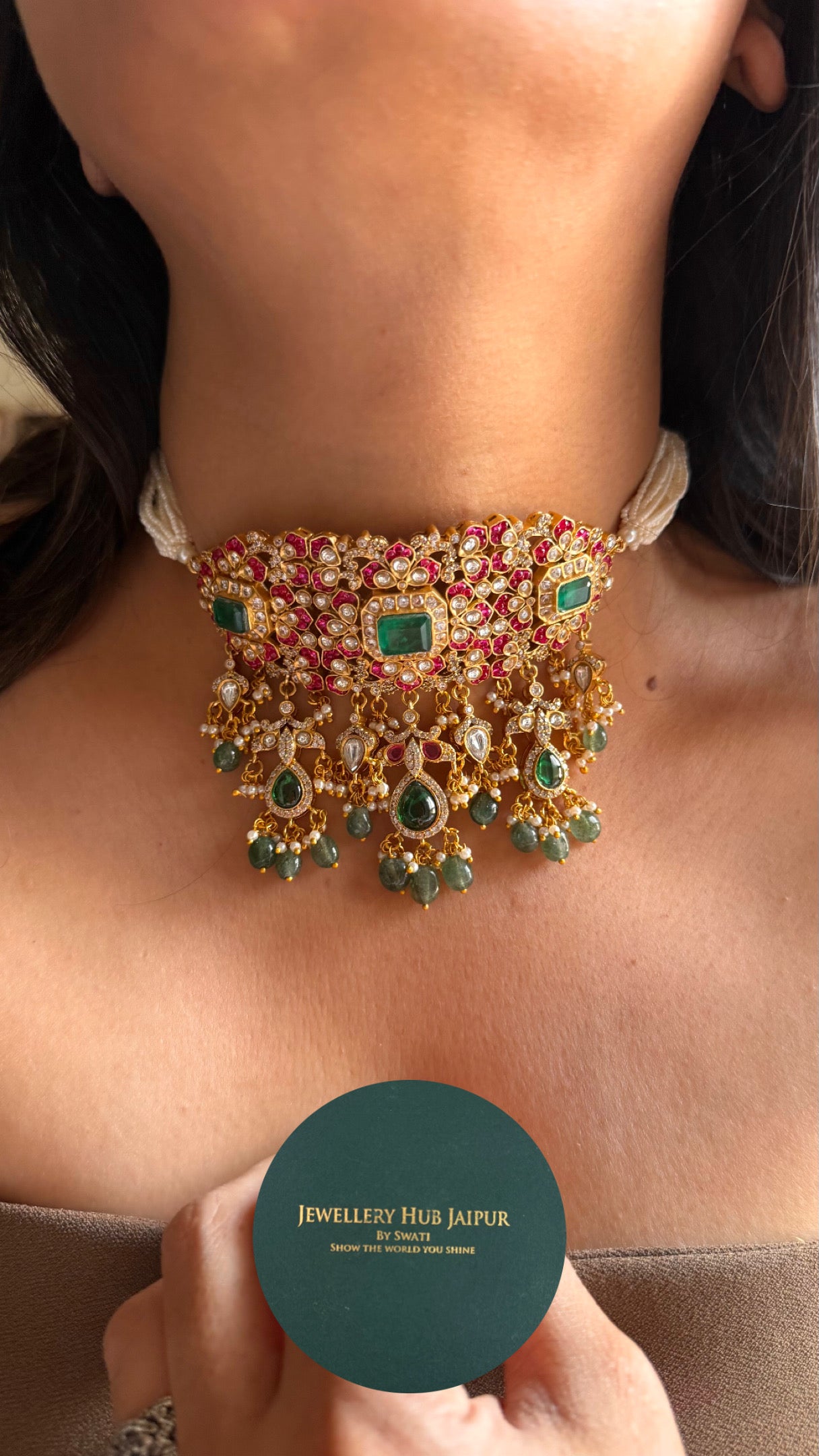 Paachi Kundan Rani pink ruby with emerald thread choker necklace