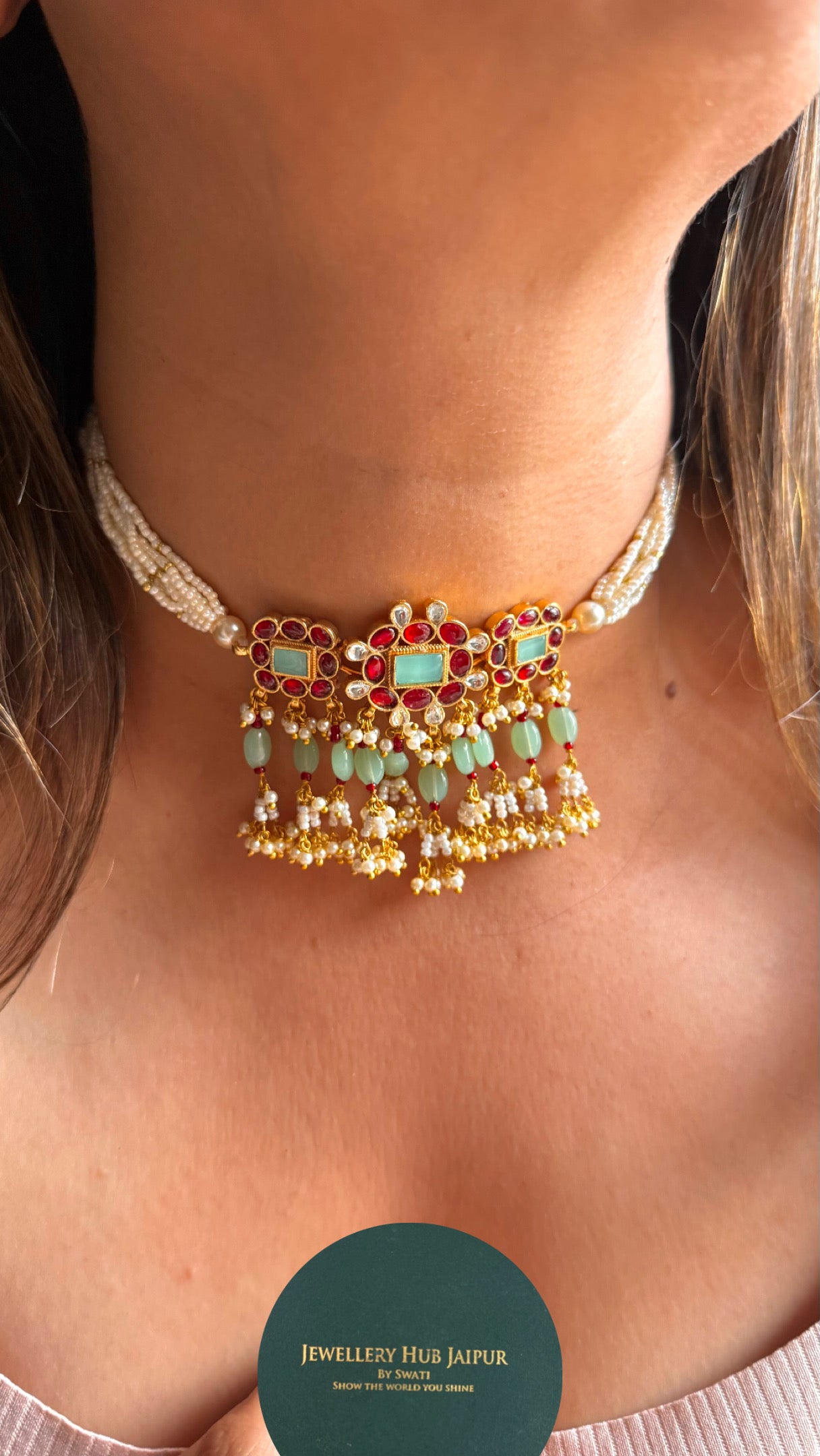 Firoza  & Rani pink Paachi Kundan thread choker