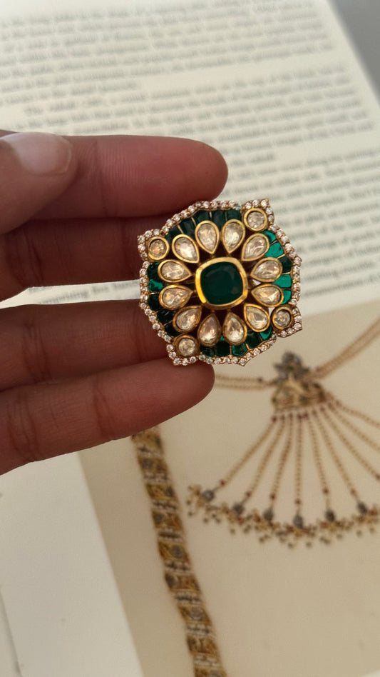 Emerald moissanite gold Victorian ring