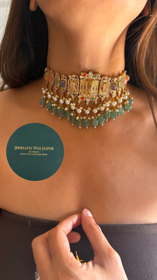 Navratna doublet with mint & pearl drops choker set