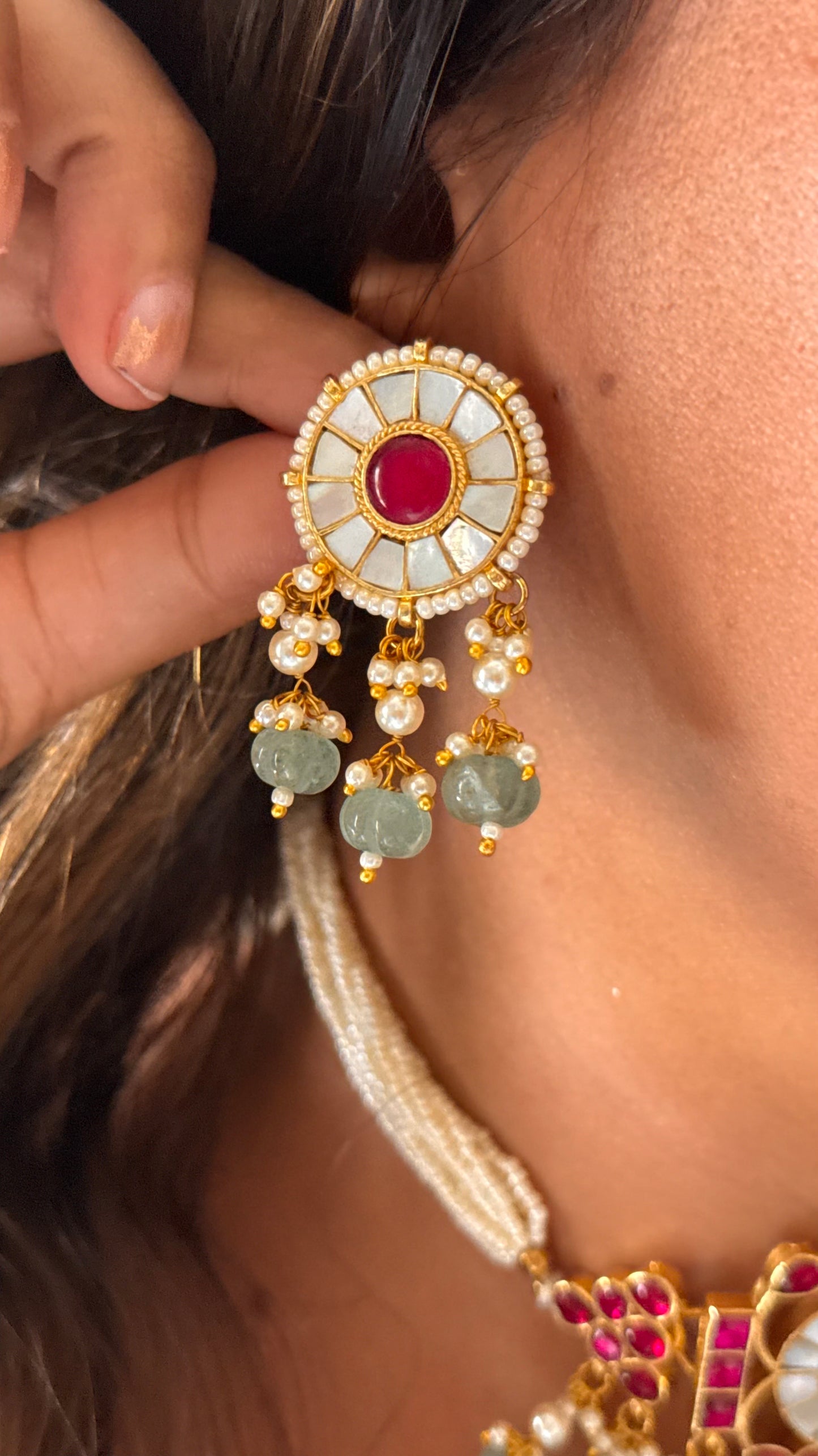 Rani pink ruby & mother of pearl thread choker Necklace