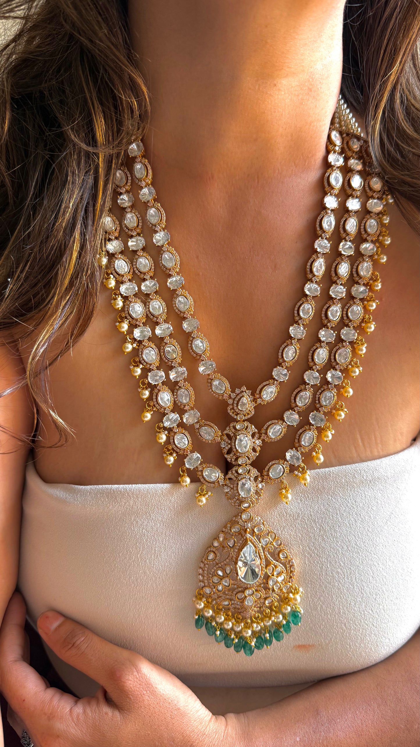 Triple Line Uncut Polki Designer Long Necklace with mint drop detailing