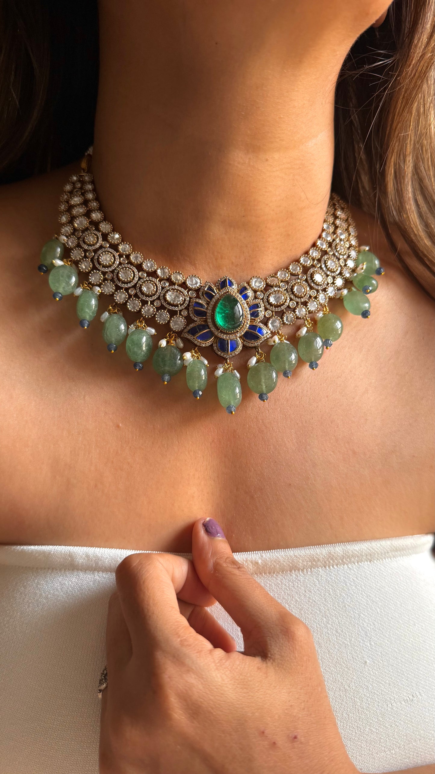 Emerald doublet & sapphire katdana moissanite collar set
