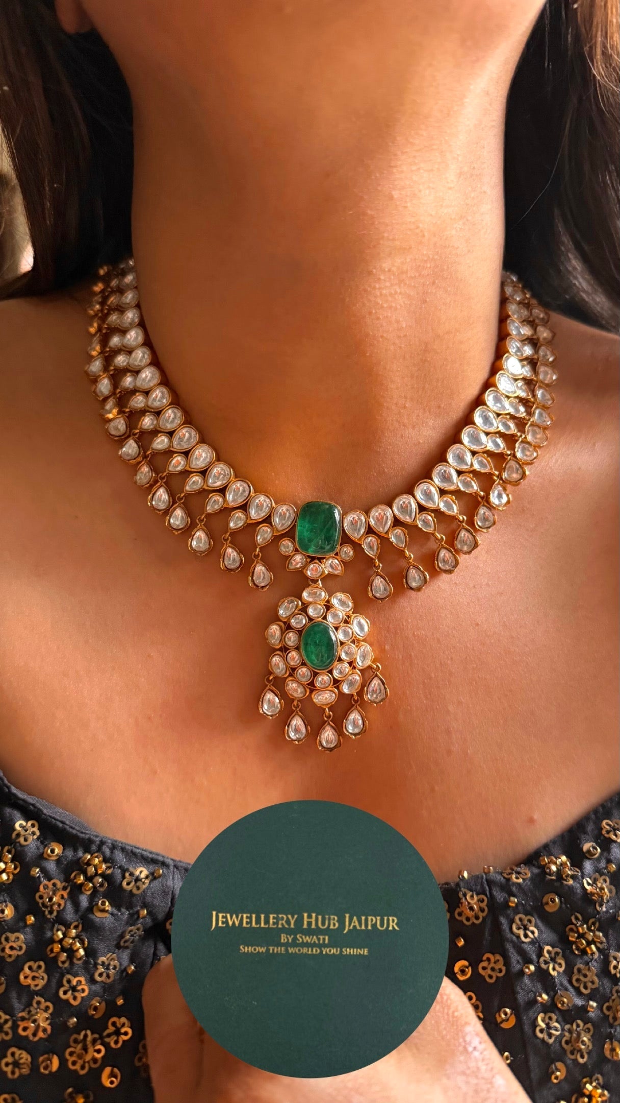 Emerald katdana moissanite polki bridal combo Necklace
