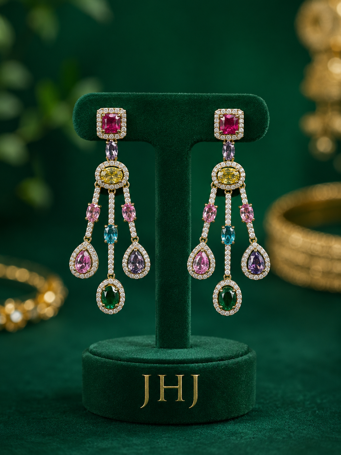 Oval and pear - cut multi coloured statement danglers