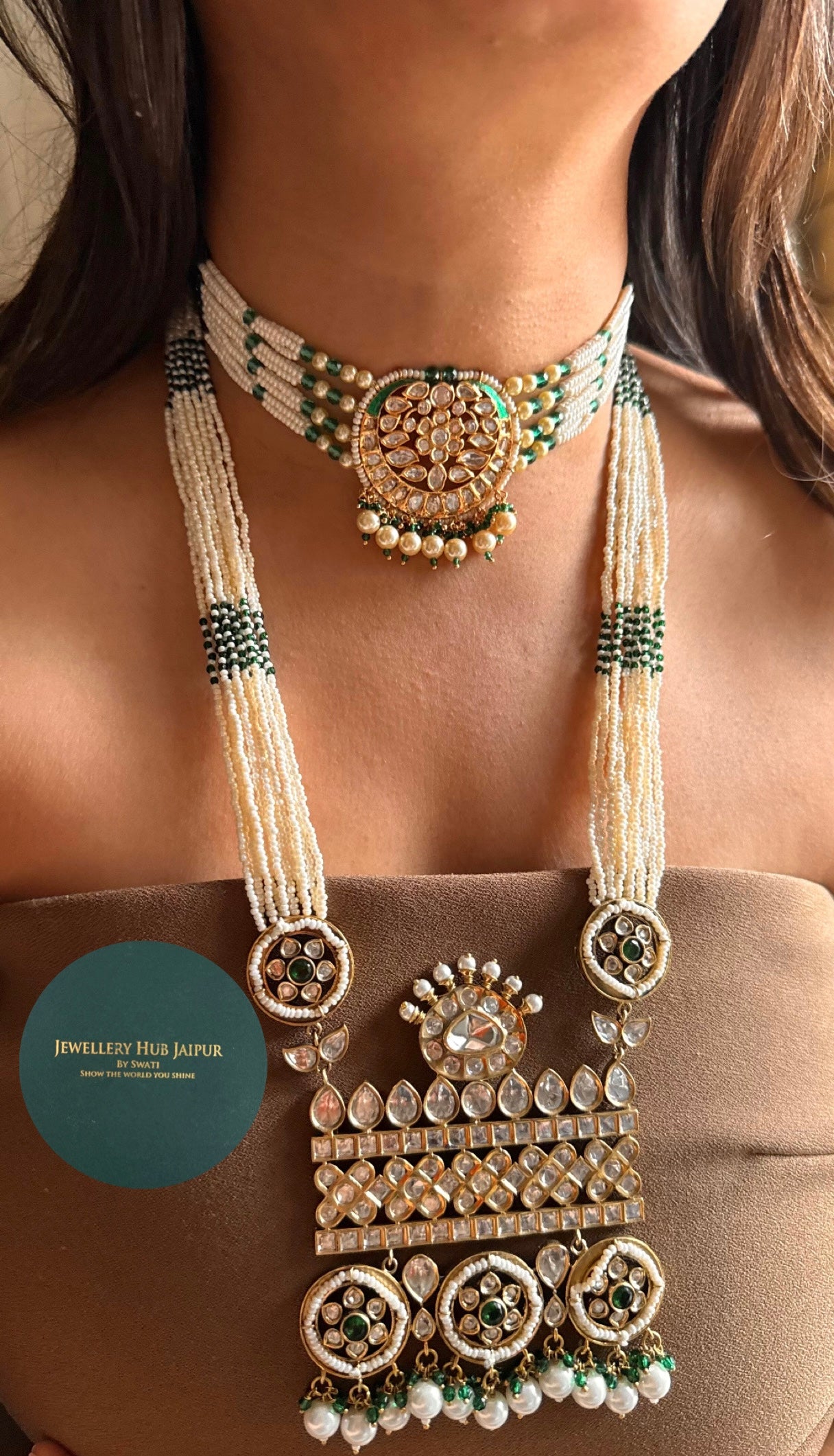 Emerald & pearl choker & long necklace heritage combo