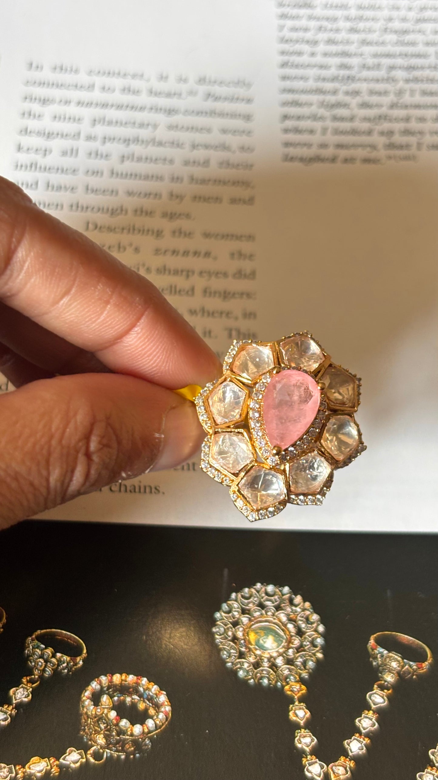 Rose quartz doublet peeli polki moissanite Ring