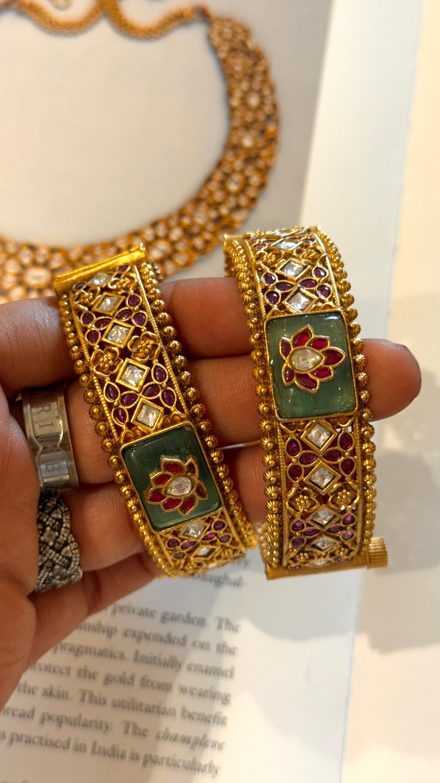 Mint inlay lotus designer gold Rajwada bangles
