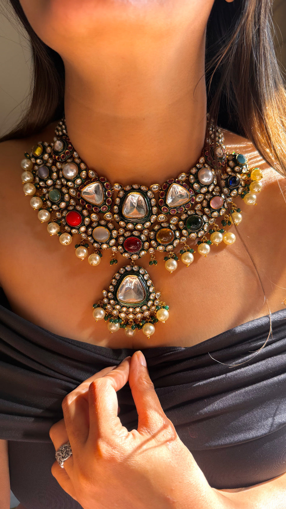 Heritage uncut polki meenakari navratna necklace