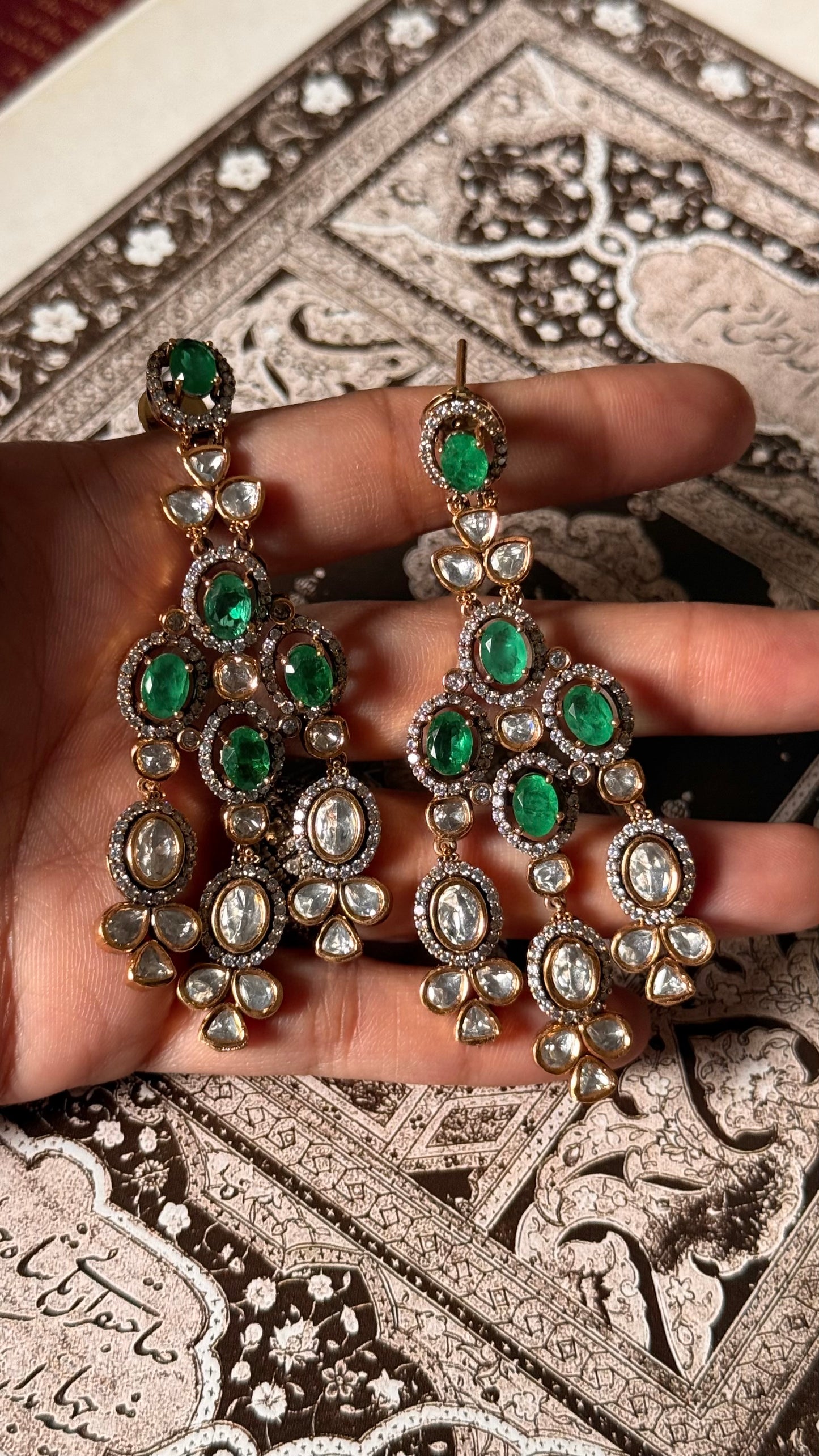 Emerald doublet & moissanite uncut polki Victorian danglers