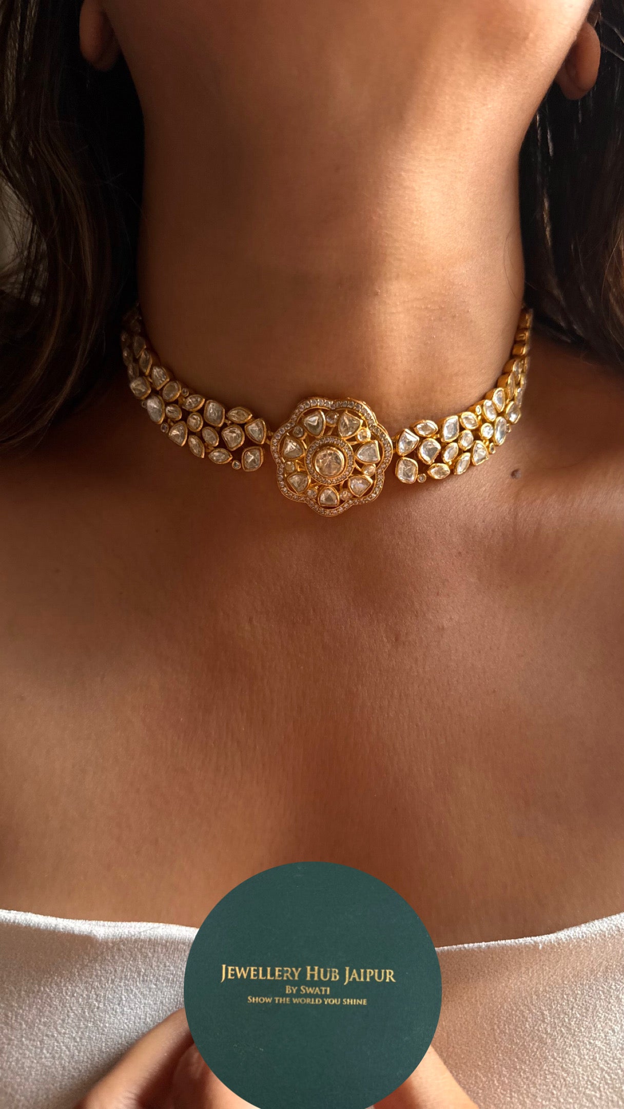 Floral real Moissanite peeli polki choker