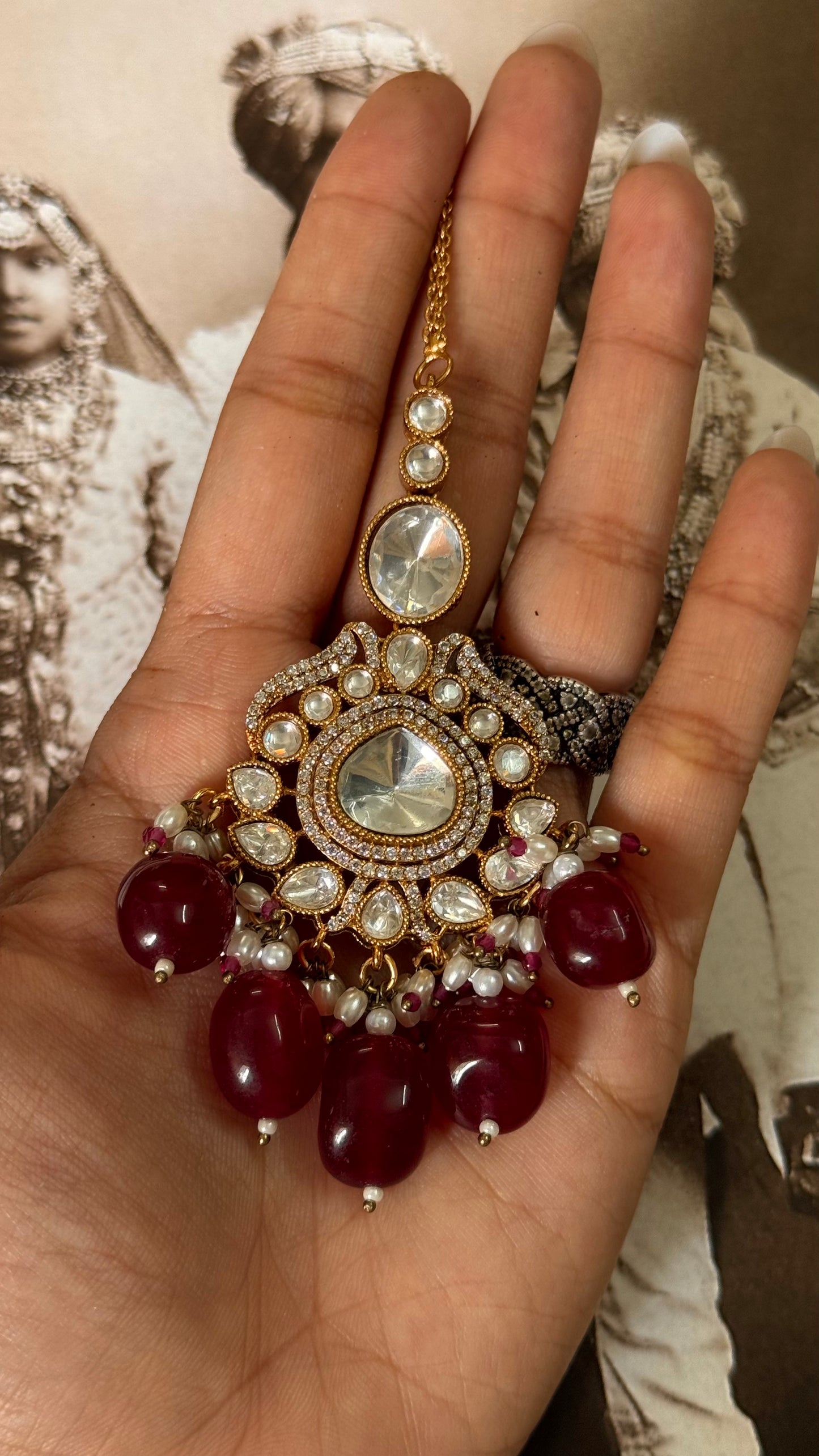 Uncut polki maangtika with ruby drops