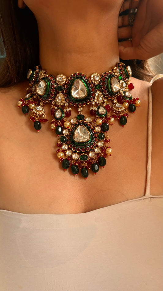 Emerald & ruby meenakari designer necklace
