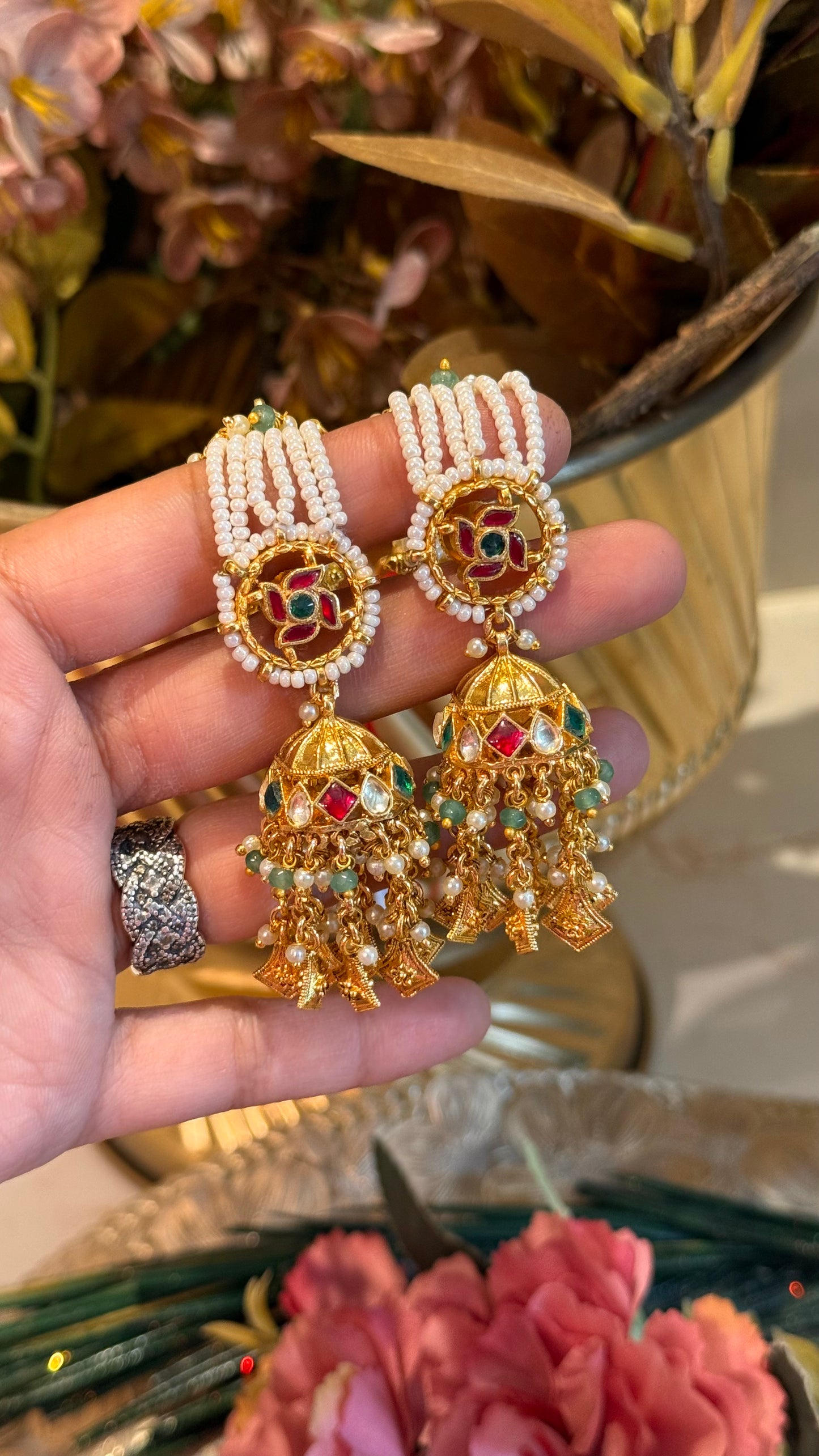 Swastik handmade heritage jhumki with attached earchain with paachi detailing