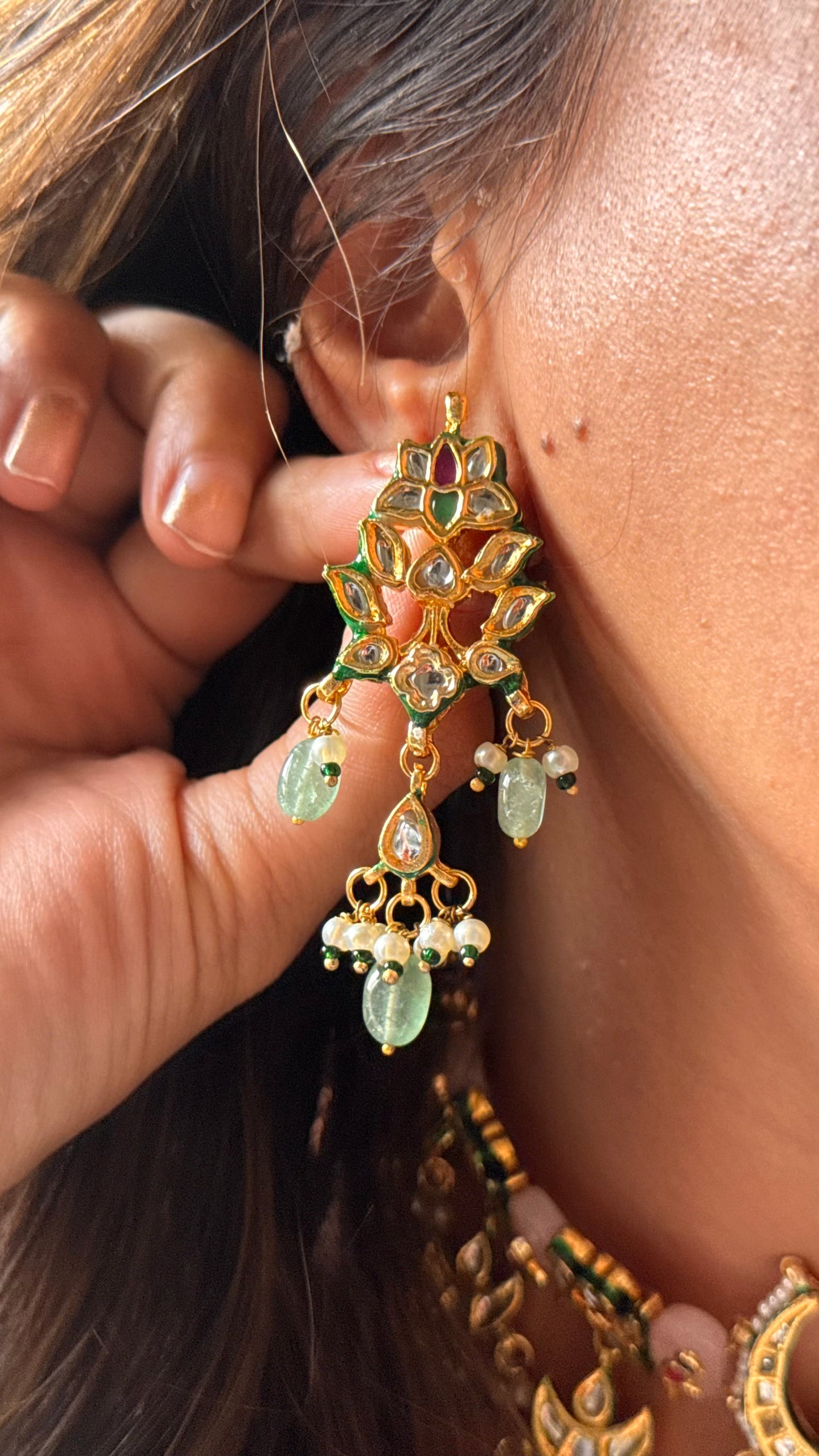 Rose quartz inlay with mint drops meenakari work choker Necklace